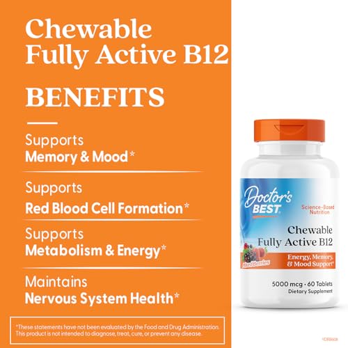 Doctor's Best Chewable Fully Active Methyl B12, Methylcobalamin, Energy, Memory, & Mood Support, Non - GMO, Gluten Free, Soy Free, Vegan 60 Tablets - Fresh Hearth