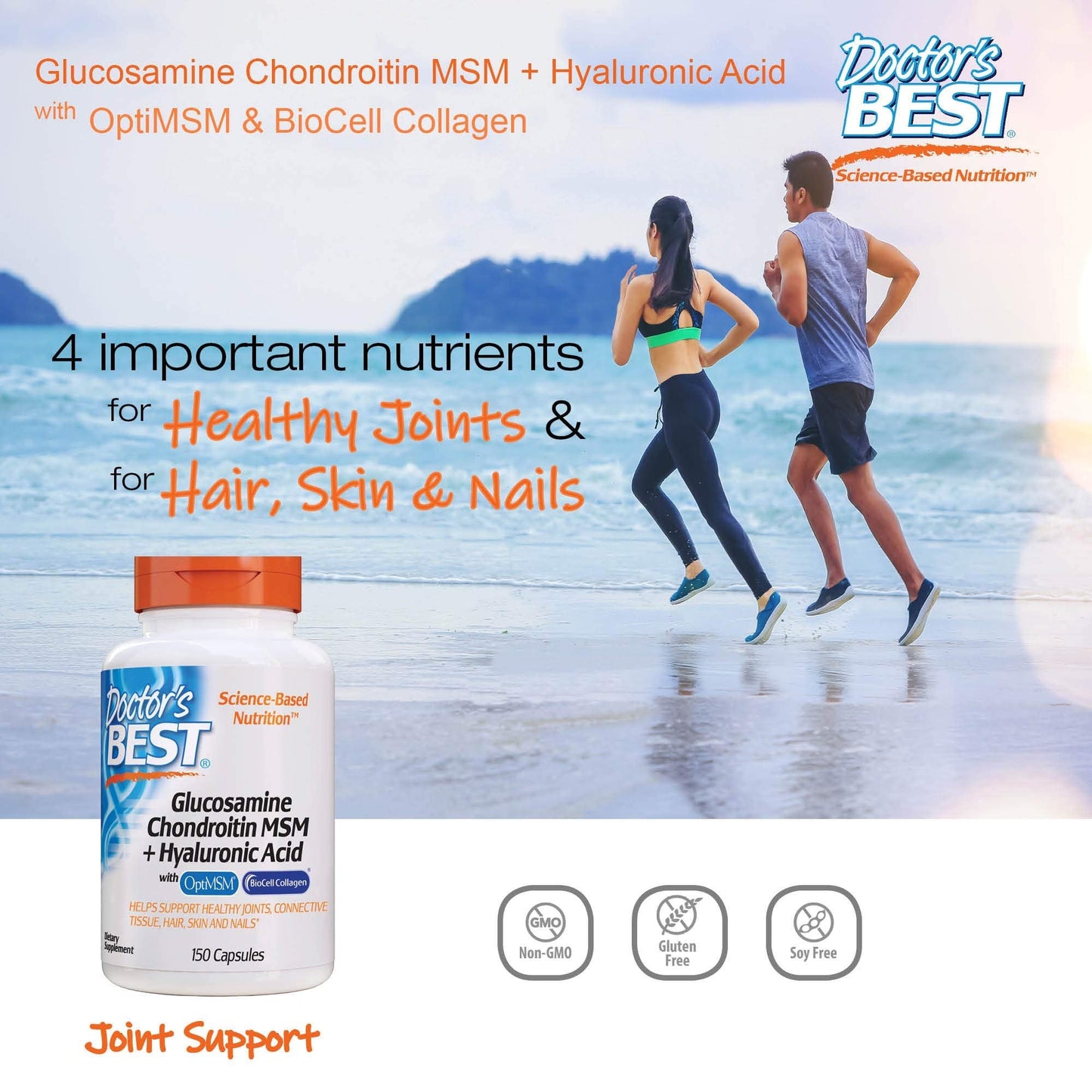 Doctor's Best Glucosamine Chondroitin MSM + Hyaluronic Acid with OptiMSM Featuring Biocell Collagen, Joint Support, Non - GMO, Gluten & Soy Free, 150 Caps - Fresh Hearth