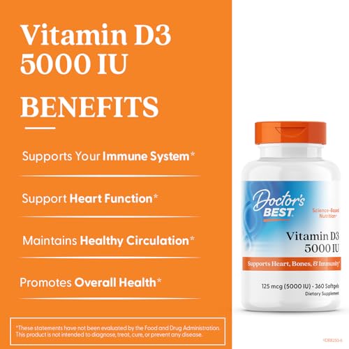 Doctor's Best Vitamin D3 5,000 IU for Healthy Bones, Teeth, Heart and Immune Support, Non - GMO, Gluten - Free, Soy Free, 360 Count (Pack of 1) - Fresh Hearth