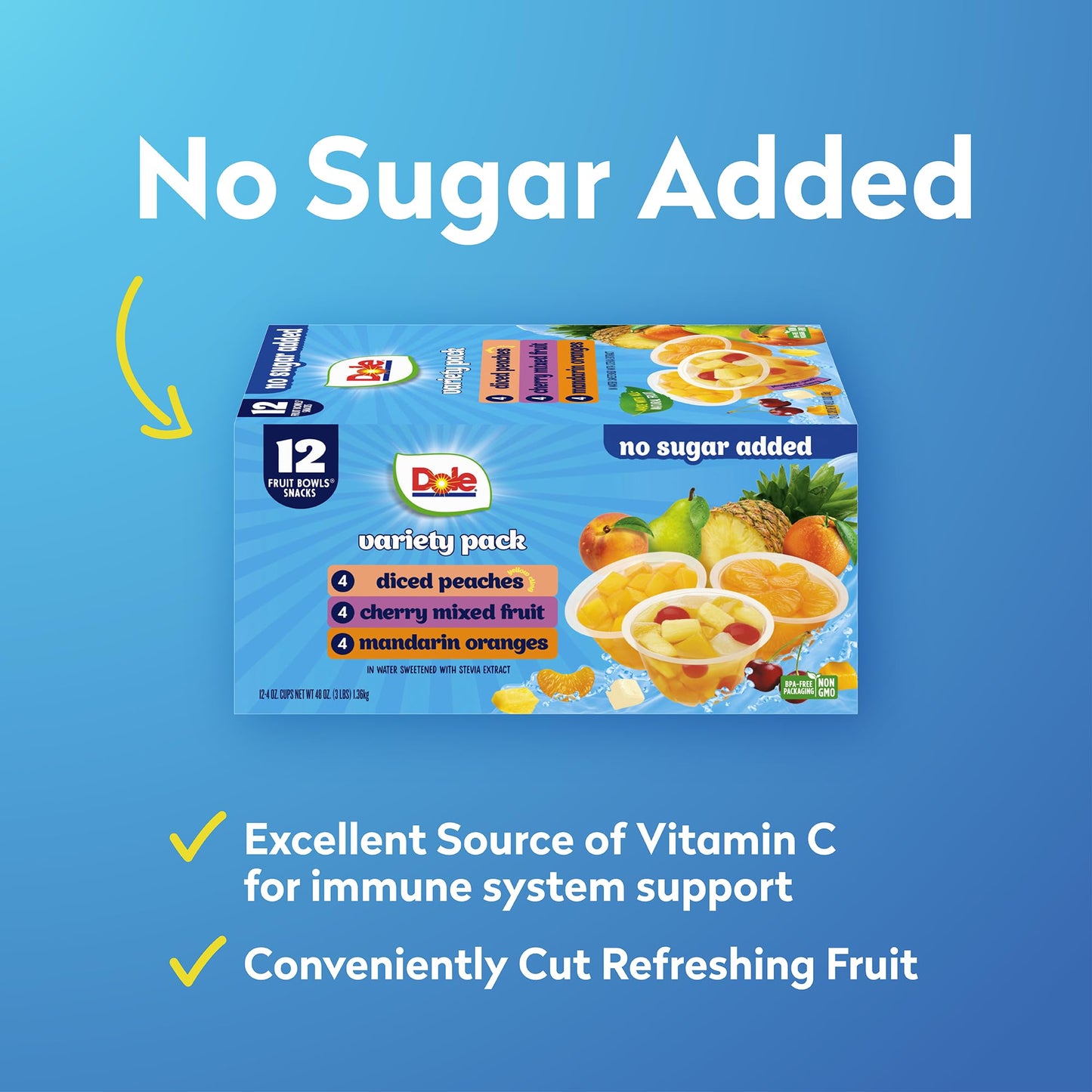 Dole Diced Peaches, Mandarin Oranges, and Cherry Mixed Fruit with No Sugar Added Variety Pack - Dole Fruit Bowls Snacks - 4 oz Bowls - 12 Pack - Fresh Hearth