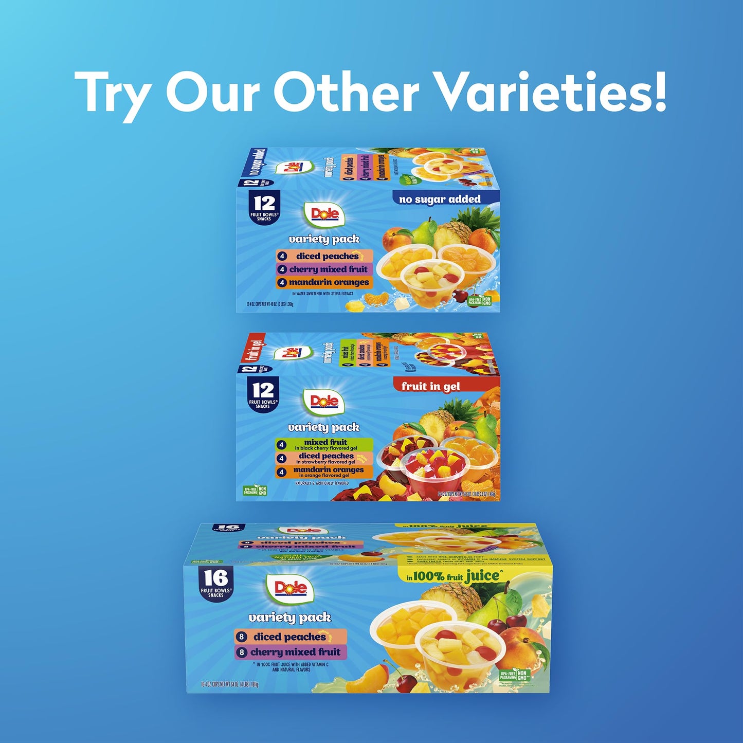 Dole Diced Peaches, Mandarin Oranges, and Cherry Mixed Fruit with No Sugar Added Variety Pack - Dole Fruit Bowls Snacks - 4 oz Bowls - 12 Pack - Fresh Hearth
