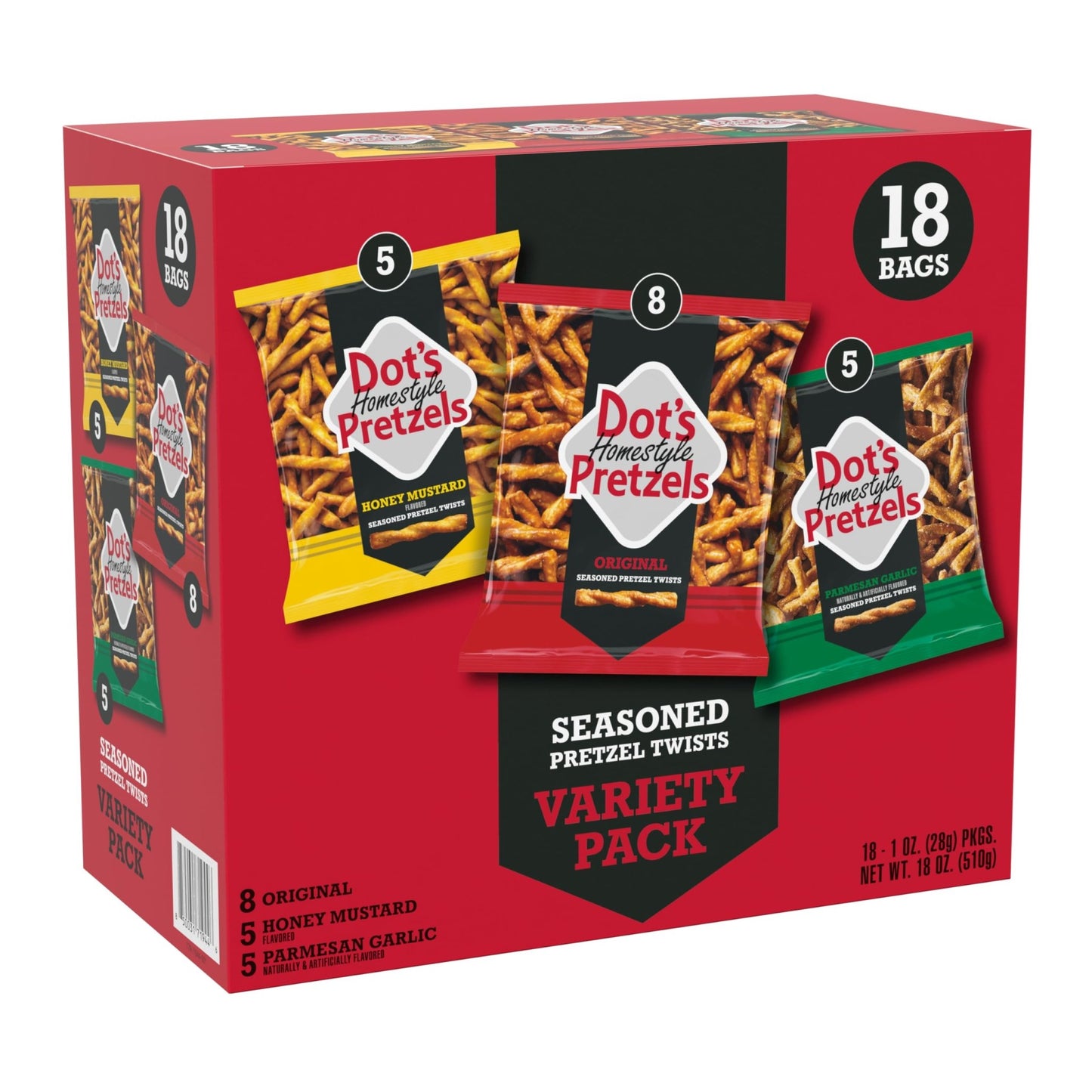 Dot's Pretzels Variety Pack, Original, Honey Mustard, and Parmesan Garlic Twist Snack, 1oz Individually Sized Bags (18 Count) - Fresh Hearth
