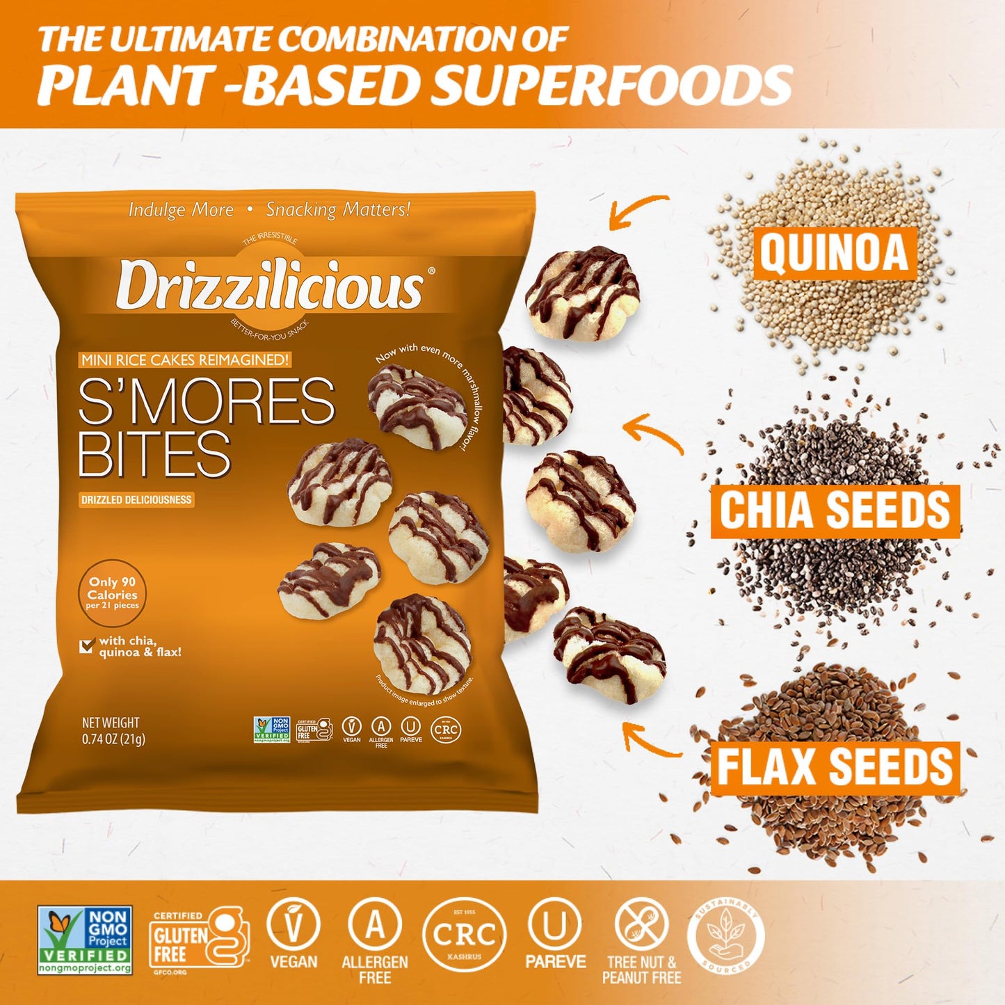 Drizzilicious Mini Rice Cakes S'mores - Rice Crisps, Healthy Snack for Adults and Kids, Flavored Rice Cakes, Vegan, Gluten Free, Allergen Free, Only 90 Calories Per Bag - 0.74 oz (Pack of 10) - Fresh Hearth