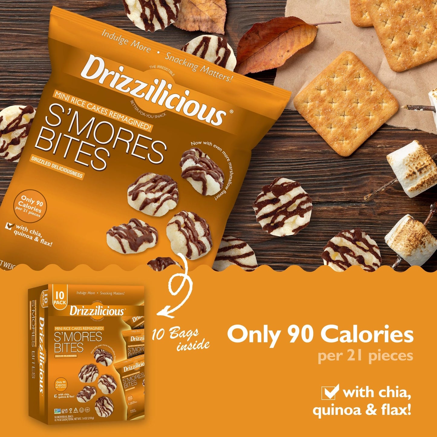 Drizzilicious Mini Rice Cakes S'mores - Rice Crisps, Healthy Snack for Adults and Kids, Flavored Rice Cakes, Vegan, Gluten Free, Allergen Free, Only 90 Calories Per Bag - 0.74 oz (Pack of 10) - Fresh Hearth