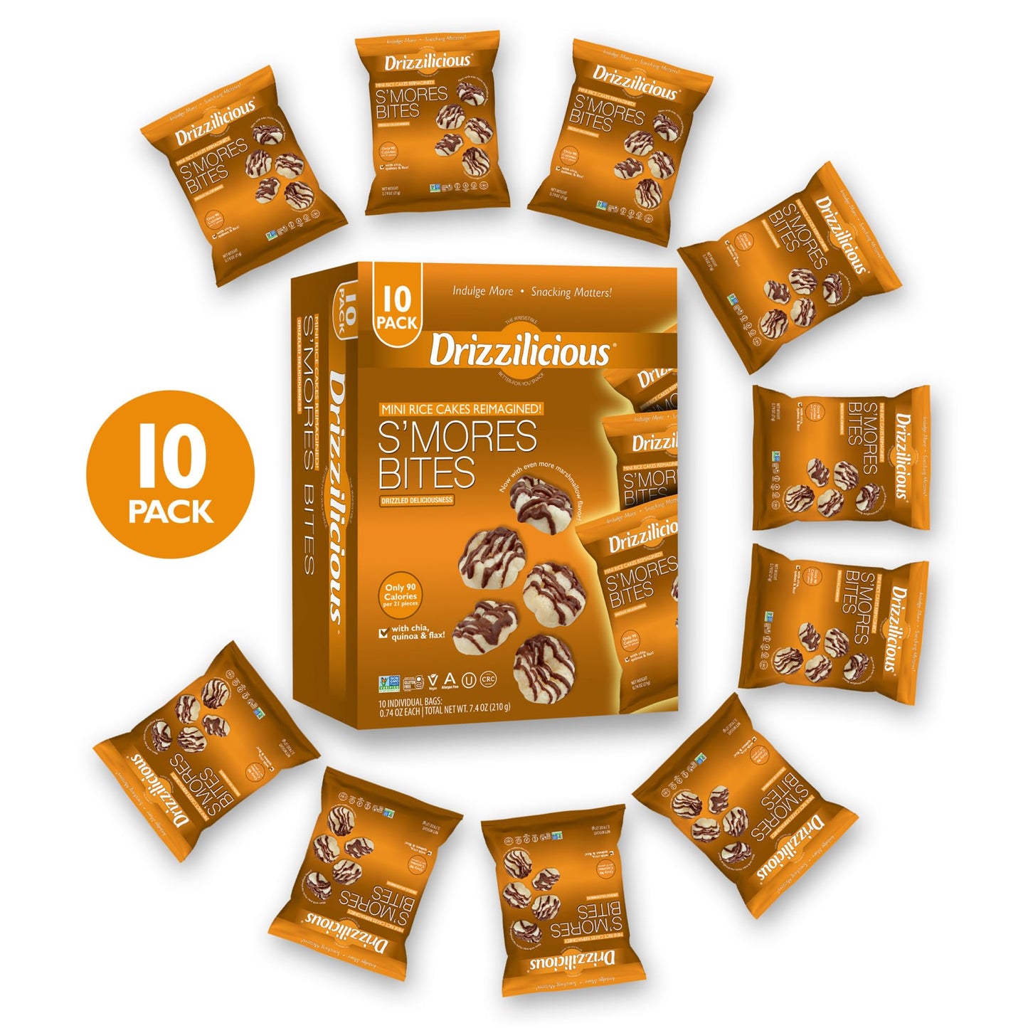 Drizzilicious Mini Rice Cakes S'mores - Rice Crisps, Healthy Snack for Adults and Kids, Flavored Rice Cakes, Vegan, Gluten Free, Allergen Free, Only 90 Calories Per Bag - 0.74 oz (Pack of 10) - Fresh Hearth
