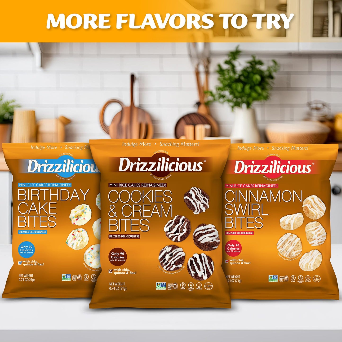 Drizzilicious Mini Rice Cakes S'mores - Rice Crisps, Healthy Snack for Adults and Kids, Flavored Rice Cakes, Vegan, Gluten Free, Allergen Free, Only 90 Calories Per Bag - 0.74 oz (Pack of 10) - Fresh Hearth