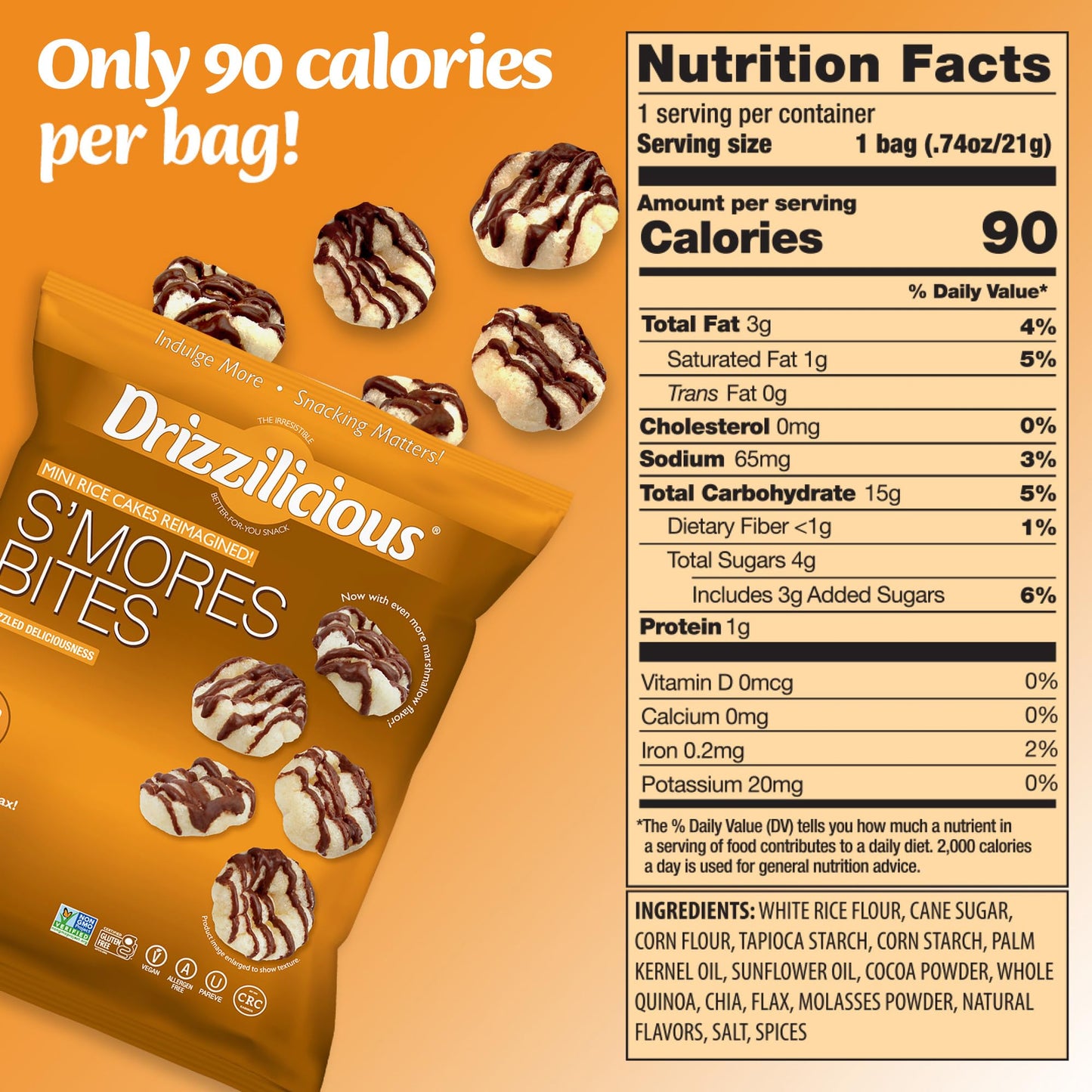 Drizzilicious Mini Rice Cakes S'mores - Rice Crisps, Healthy Snack for Adults and Kids, Flavored Rice Cakes, Vegan, Gluten Free, Allergen Free, Only 90 Calories Per Bag - 0.74 oz (Pack of 10) - Fresh Hearth
