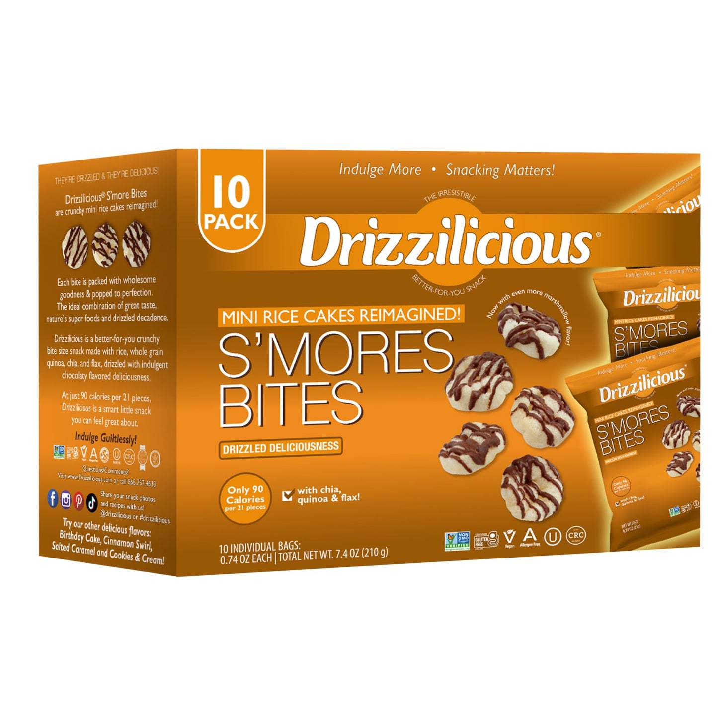 Drizzilicious Mini Rice Cakes S'mores - Rice Crisps, Healthy Snack for Adults and Kids, Flavored Rice Cakes, Vegan, Gluten Free, Allergen Free, Only 90 Calories Per Bag - 0.74 oz (Pack of 10) - Fresh Hearth