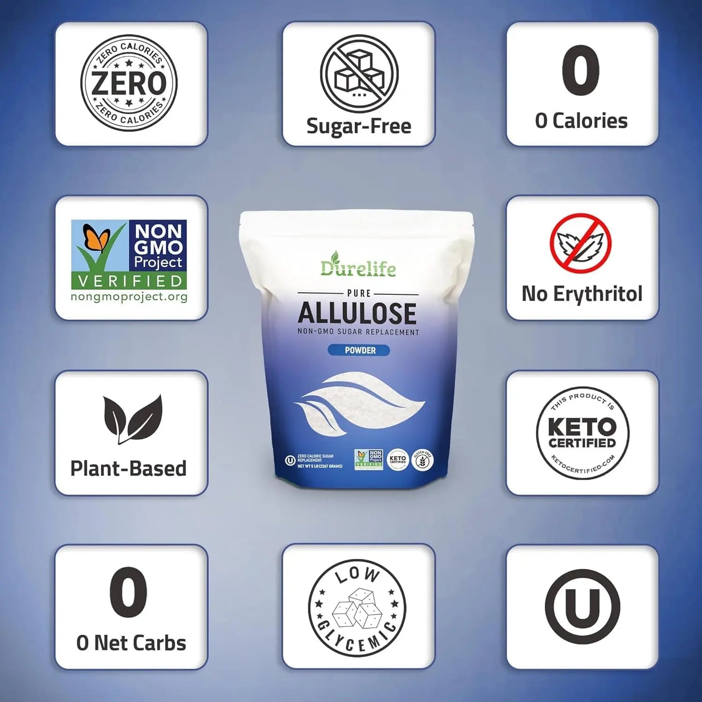 Durelife Allulose sweetener, 10 lb 100% Pure No Erythritol powdered Sugar alternative Substitute, NON - GMO Project Verified, Keto Certified, OU kosher, No Fillers, Zero Calories sugar alternative 10 Lbs - Fresh Hearth