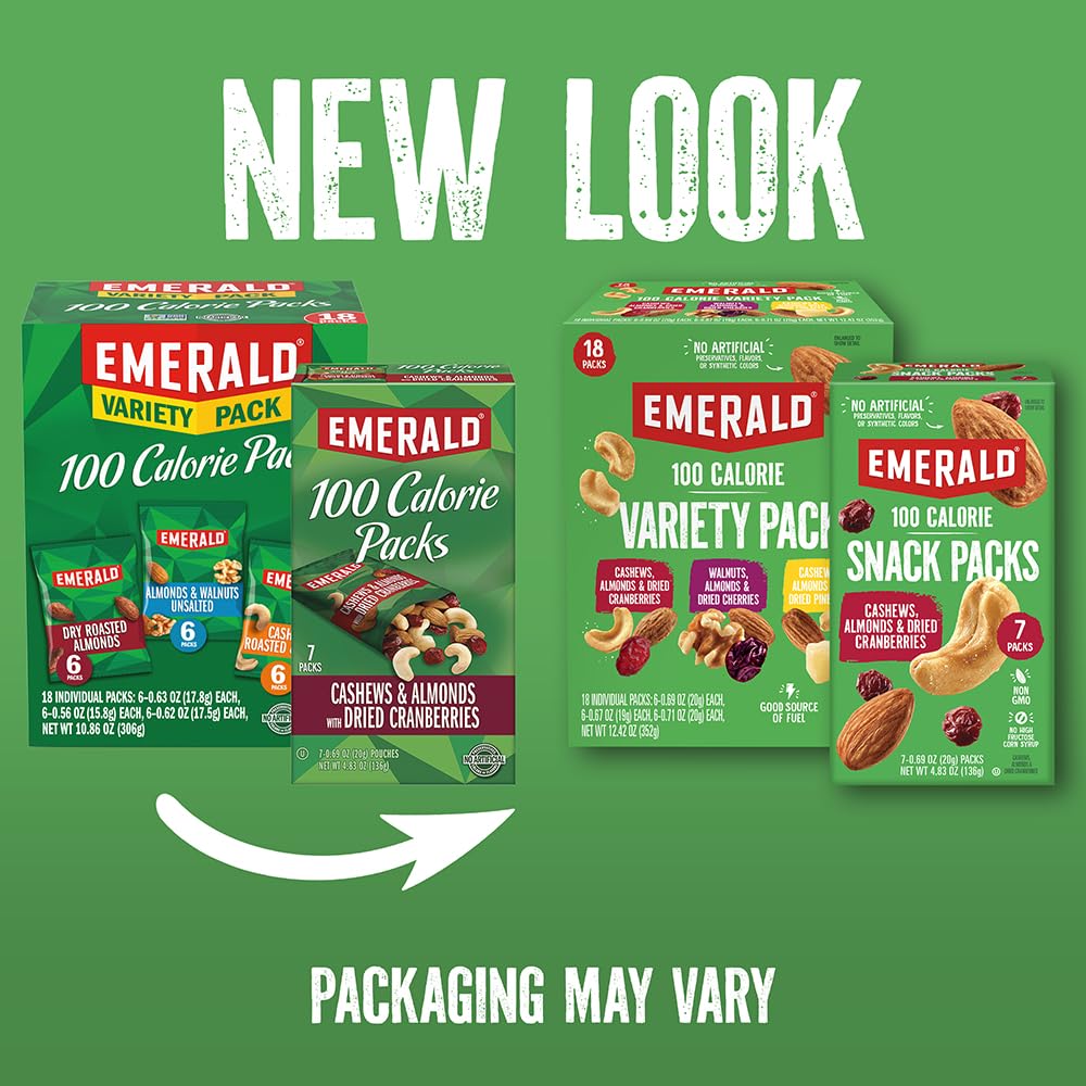 Emerald Nuts Mixed Nuts Variety Pack 18ct (1 - Pack) , 100 - Calorie Individual Packs , Features Dry Roasted Almonds, Natural Almonds & Walnuts, and Roasted & Salted Cashews - Fresh Hearth
