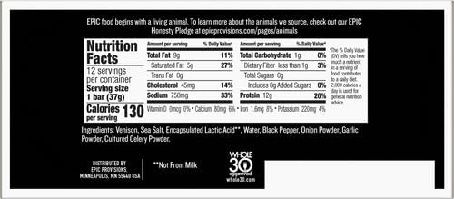 EPIC Bars, Venison Sea Salt and Pepper Bar, Keto Friendly, Whole30 Approved, Gluten Free, 12 Count, 15.6 oz - Fresh Hearth