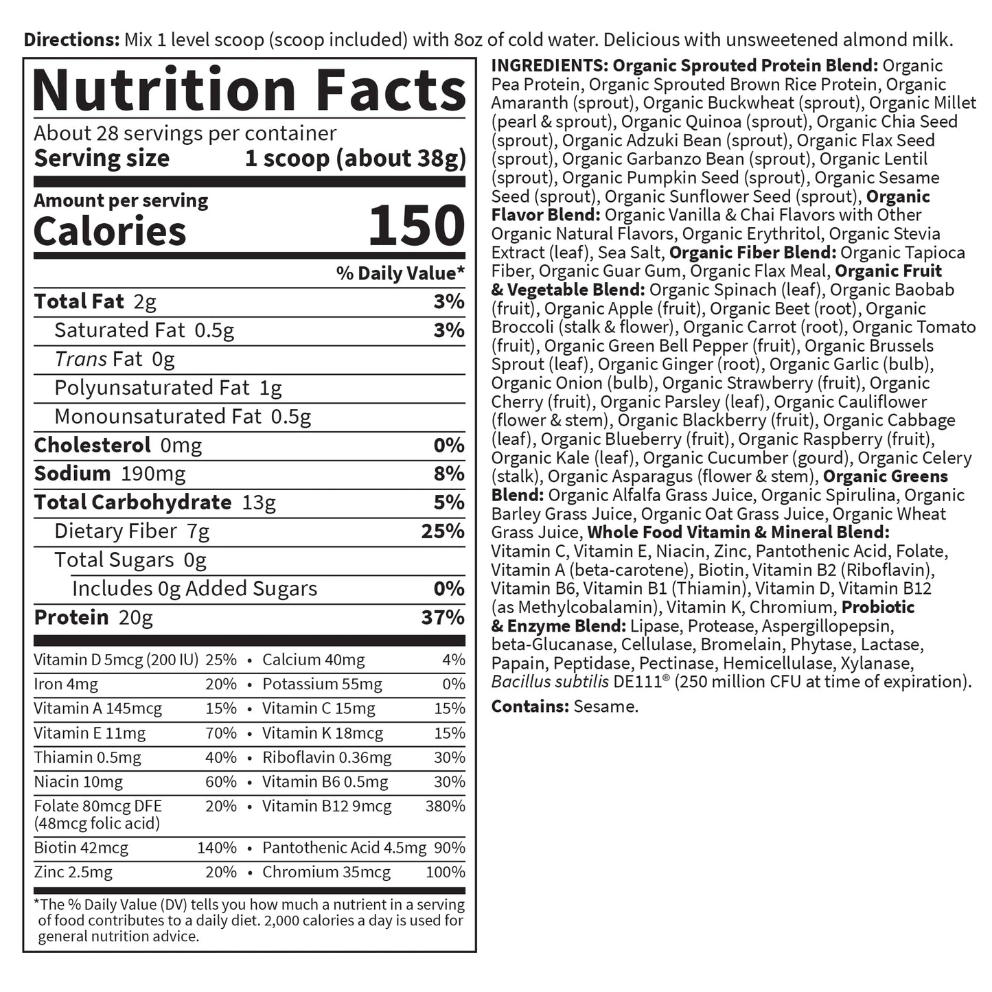 Garden of Life Meal Replacement Shakes, Vegan Raw Organic Protein Powder, Vanilla Chai Protein Powder with Plant Based Pea Protein, Sprouts, Greens, Probiotics, Dairy Free 28 Servings - Fresh Hearth