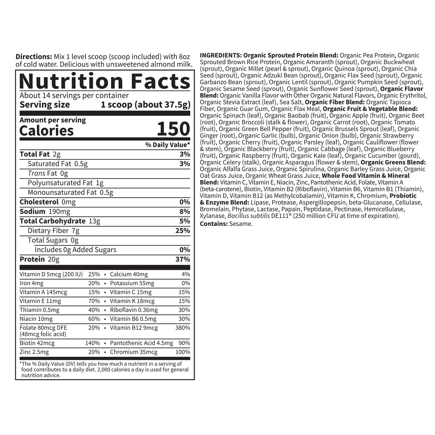 Garden of Life Meal Replacement Shakes, Vegan Raw Organic Protein Powder, Vanilla Protein Powder with Plant Based Pea Protein, Sprouts, Greens, Probiotics, Dairy Free 14 Servings - Fresh Hearth