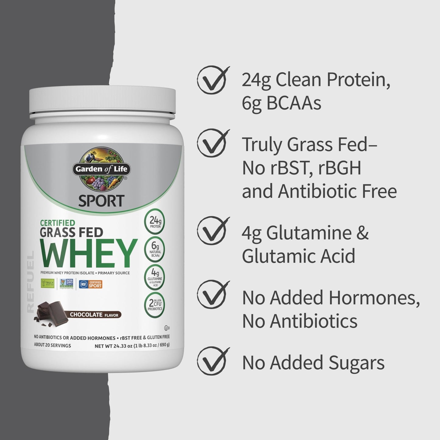 Garden of Life Sport Whey Protein Powder Chocolate, Premium Grass Fed Whey Protein Isolate Plus Probiotics for Immune System Health, 24g Protein, Non GMO, Gluten Free, Cold Processed - 20 Servings - Fresh Hearth
