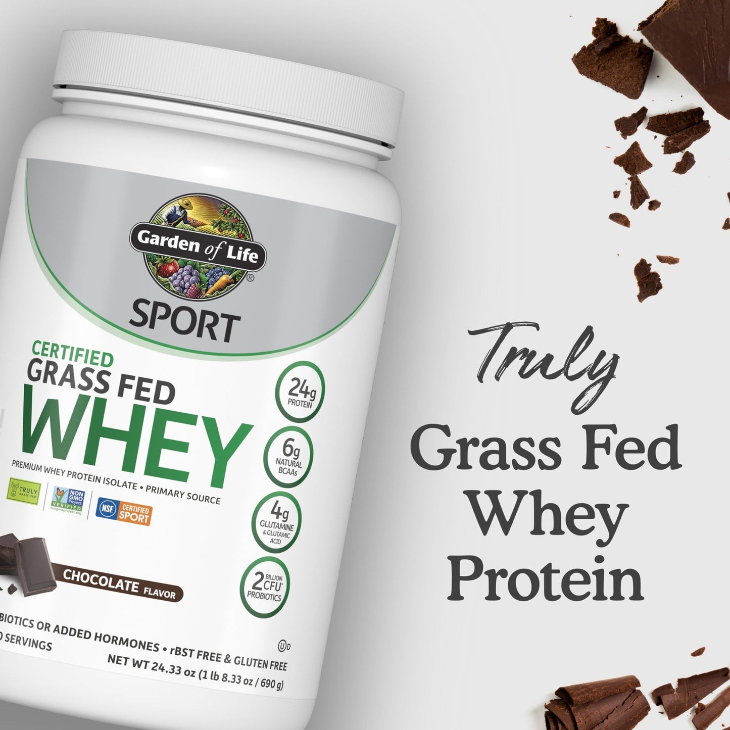 Garden of Life Sport Whey Protein Powder Chocolate, Premium Grass Fed Whey Protein Isolate Plus Probiotics for Immune System Health, 24g Protein, Non GMO, Gluten Free, Cold Processed - 20 Servings - Fresh Hearth