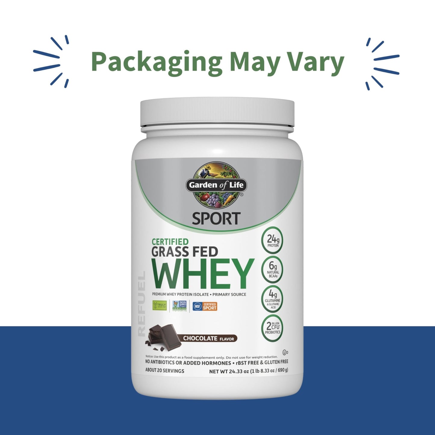 Garden of Life Sport Whey Protein Powder Chocolate, Premium Grass Fed Whey Protein Isolate Plus Probiotics for Immune System Health, 24g Protein, Non GMO, Gluten Free, Cold Processed - 20 Servings - Fresh Hearth