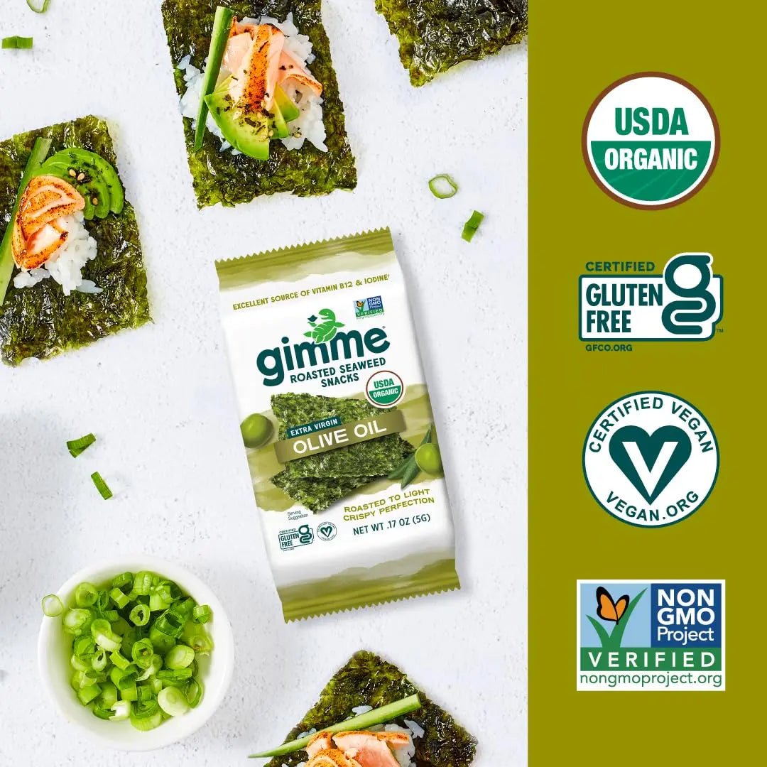 Gimme Seaweed Organic Premium Roasted Seaweed Snacks, Extra Virgin Olive Oil, 20 Count, Keto, Vegan, Gluten - Free, Great Source of Omega3s and Iodine, Healthy On - The - Go Snack for Kids and Adults - Fresh Hearth