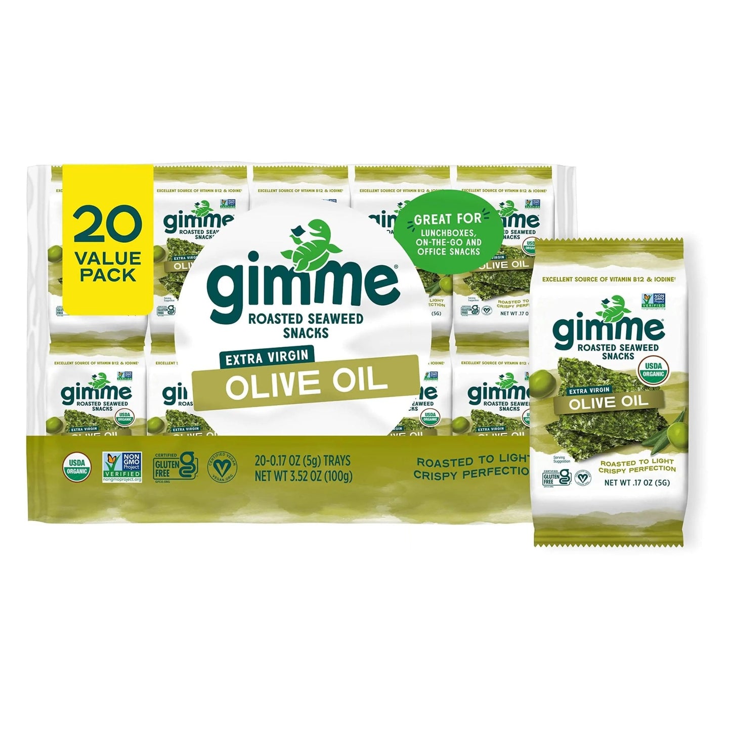 Gimme Seaweed Organic Premium Roasted Seaweed Snacks, Extra Virgin Olive Oil, 20 Count, Keto, Vegan, Gluten - Free, Great Source of Omega3s and Iodine, Healthy On - The - Go Snack for Kids and Adults - Fresh Hearth