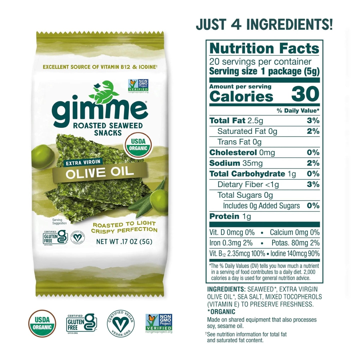 Gimme Seaweed Organic Premium Roasted Seaweed Snacks, Extra Virgin Olive Oil, 20 Count, Keto, Vegan, Gluten - Free, Great Source of Omega3s and Iodine, Healthy On - The - Go Snack for Kids and Adults - Fresh Hearth