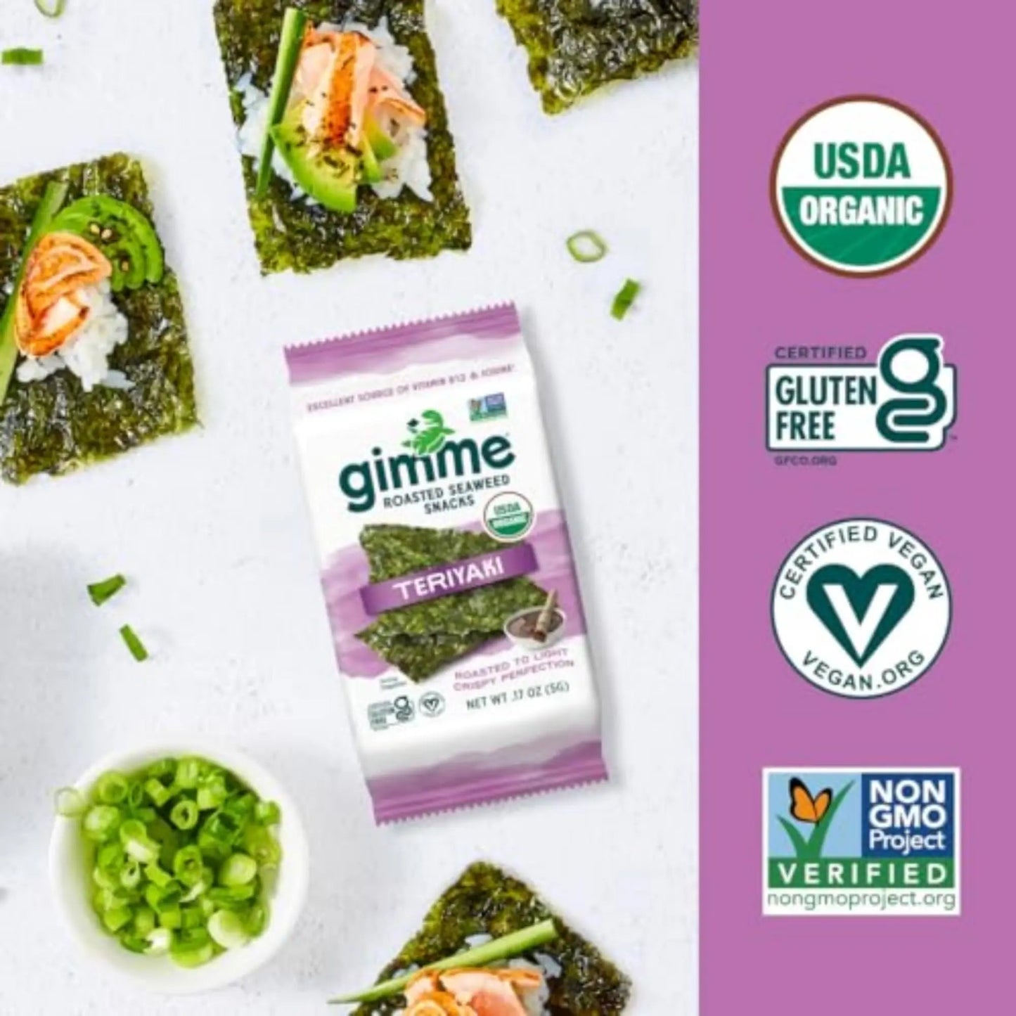 Gimme Seaweed Organic Premium Roasted Seaweed Snacks, Teriyaki, 6 Count, Keto, Vegan, Gluten - Free, Great Source of Omega3s and Iodine, Healthy On - The - Go Snack for Kids and Adults - Fresh Hearth