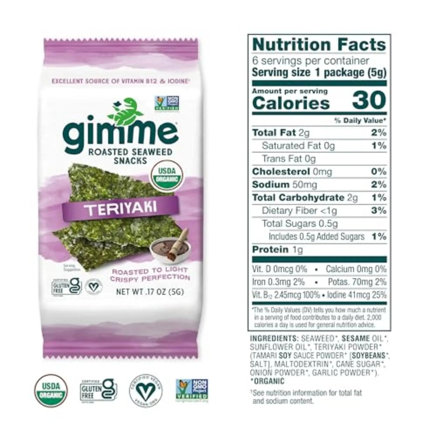 Gimme Seaweed Organic Premium Roasted Seaweed Snacks, Teriyaki, 6 Count, Keto, Vegan, Gluten - Free, Great Source of Omega3s and Iodine, Healthy On - The - Go Snack for Kids and Adults - Fresh Hearth