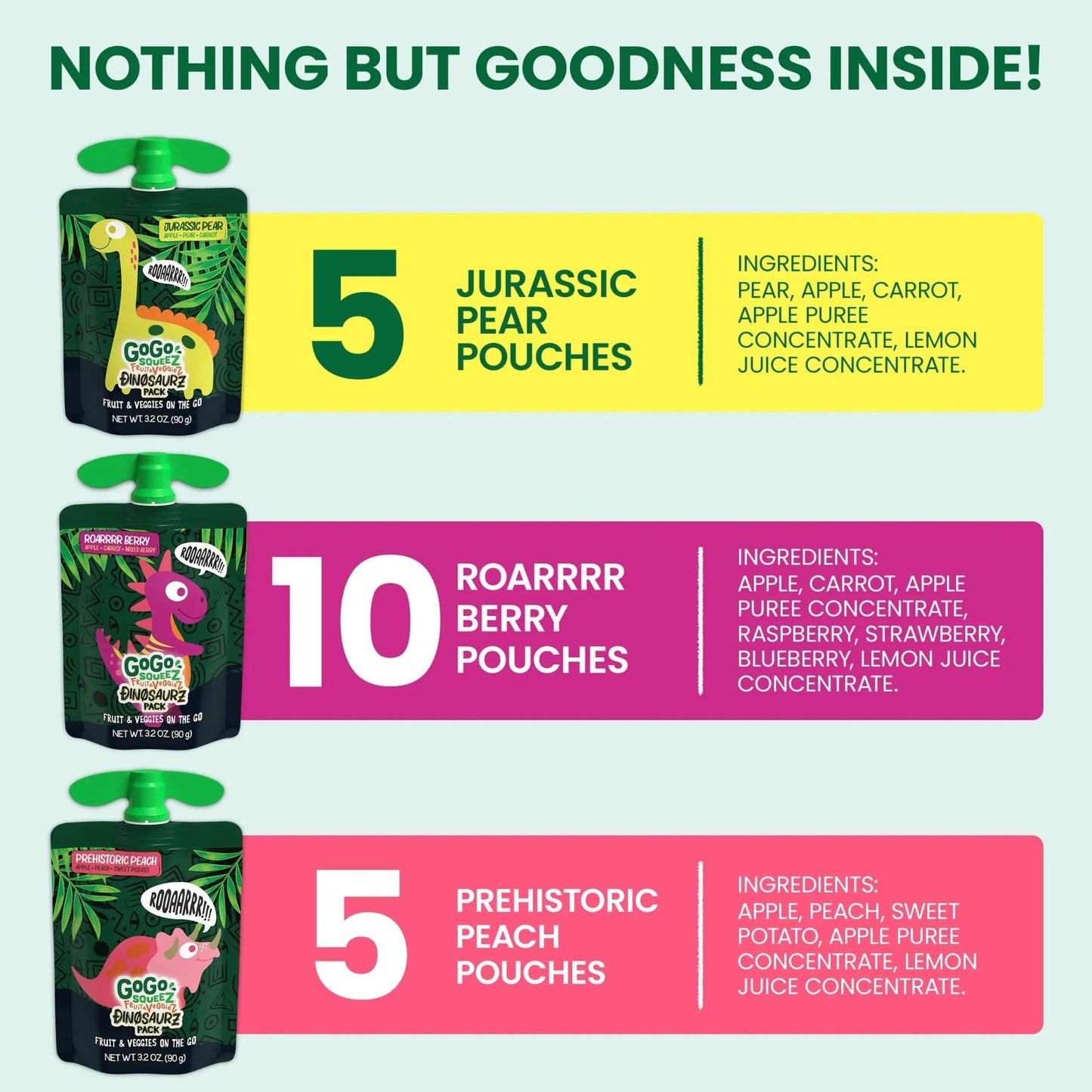 GoGo squeeZ Fruit & veggieZ Applesauce and Puree Variety Pack, Jurassic Pear, Roarrrr Berry & Prehistoric Peach, 3.2 oz (Pack of 20), Unsweetened Snacks for Kids, BPA Free Pouches - Fresh Hearth