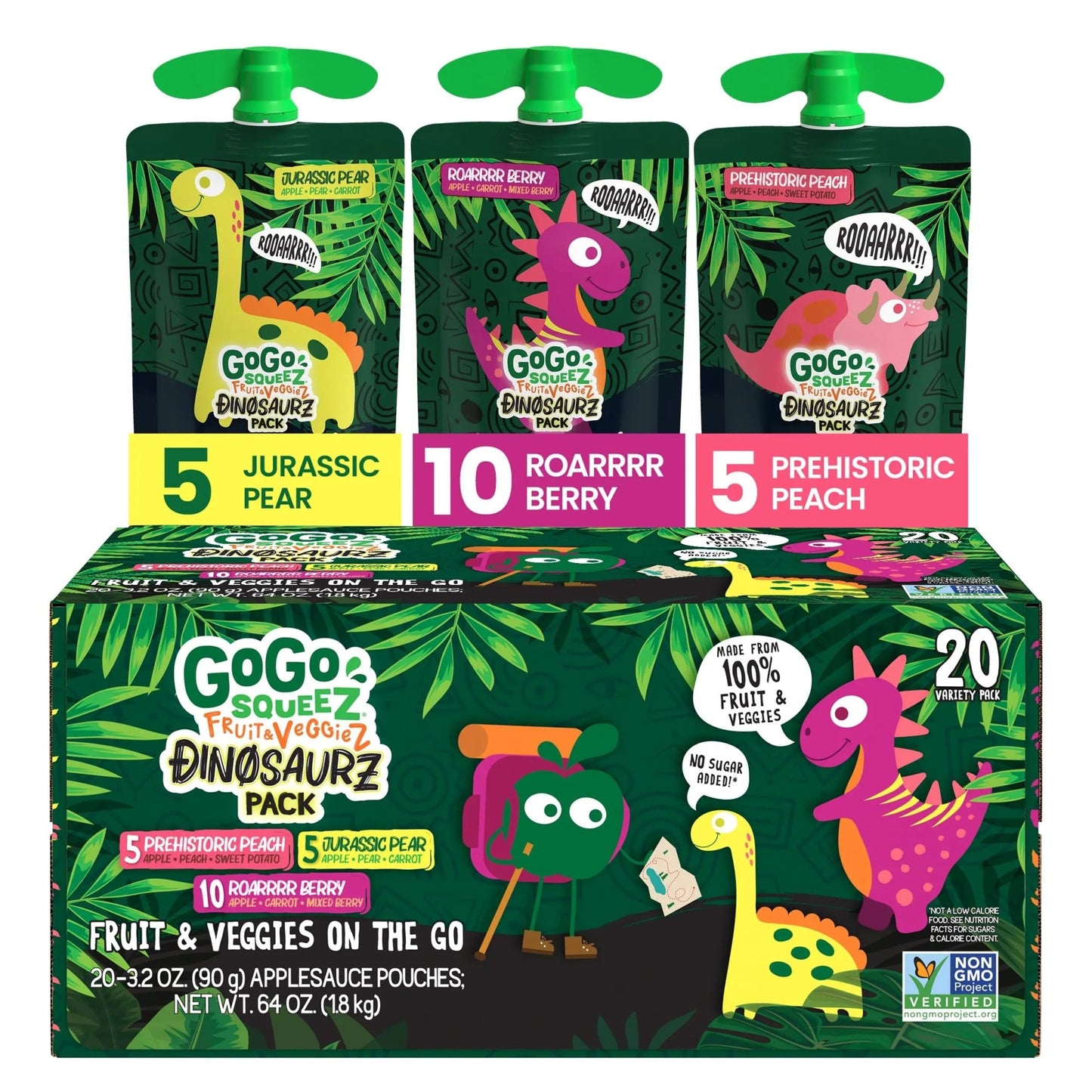 GoGo squeeZ Fruit & veggieZ Applesauce and Puree Variety Pack, Jurassic Pear, Roarrrr Berry & Prehistoric Peach, 3.2 oz (Pack of 20), Unsweetened Snacks for Kids, BPA Free Pouches - Fresh Hearth