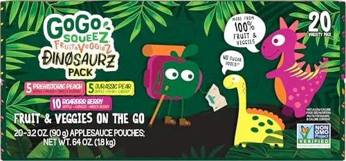 GoGo squeeZ Fruit & veggieZ Applesauce and Puree Variety Pack, Jurassic Pear, Roarrrr Berry & Prehistoric Peach, 3.2 oz (Pack of 20), Unsweetened Snacks for Kids, BPA Free Pouches - Fresh Hearth