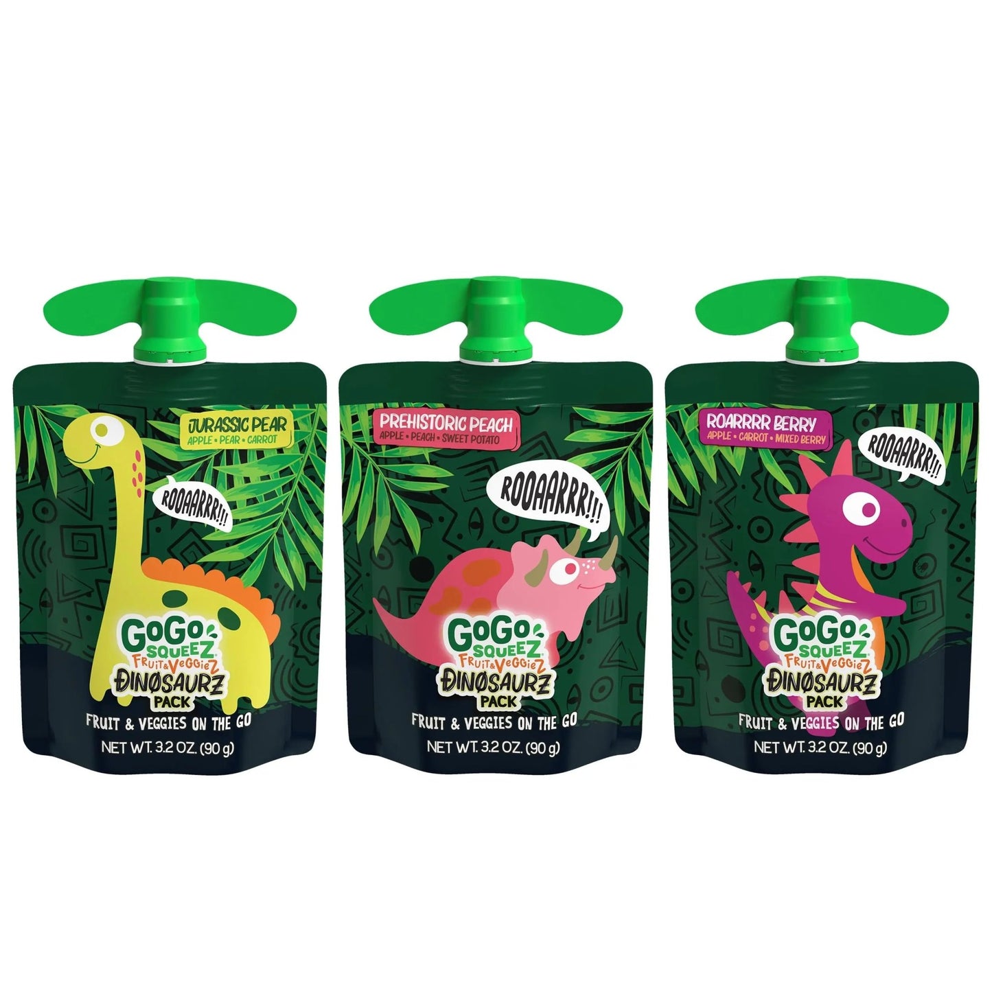GoGo squeeZ Fruit & veggieZ Applesauce and Puree Variety Pack, Jurassic Pear, Roarrrr Berry & Prehistoric Peach, 3.2 oz (Pack of 20), Unsweetened Snacks for Kids, BPA Free Pouches - Fresh Hearth
