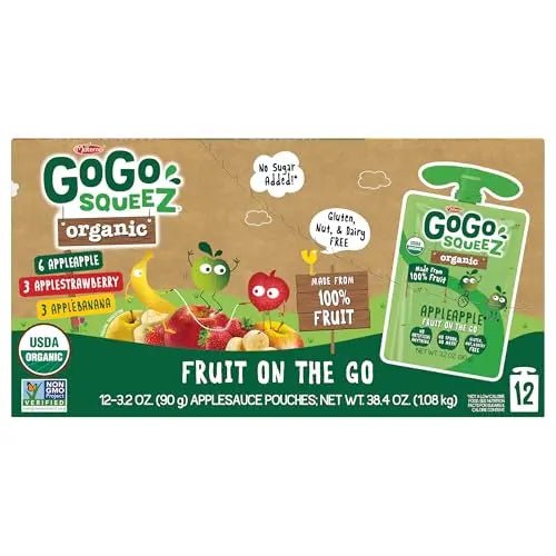 GoGo squeeZ Organic Applesauce and Fruit Puree, Variety Pack, Apple, Strawberry & Banana, 3.2 oz (Pack of 12), Unsweetened Organic Fruit Snacks for Kids, No Gluten, Nut & Dairy, BPA Free Pouches - Fresh Hearth