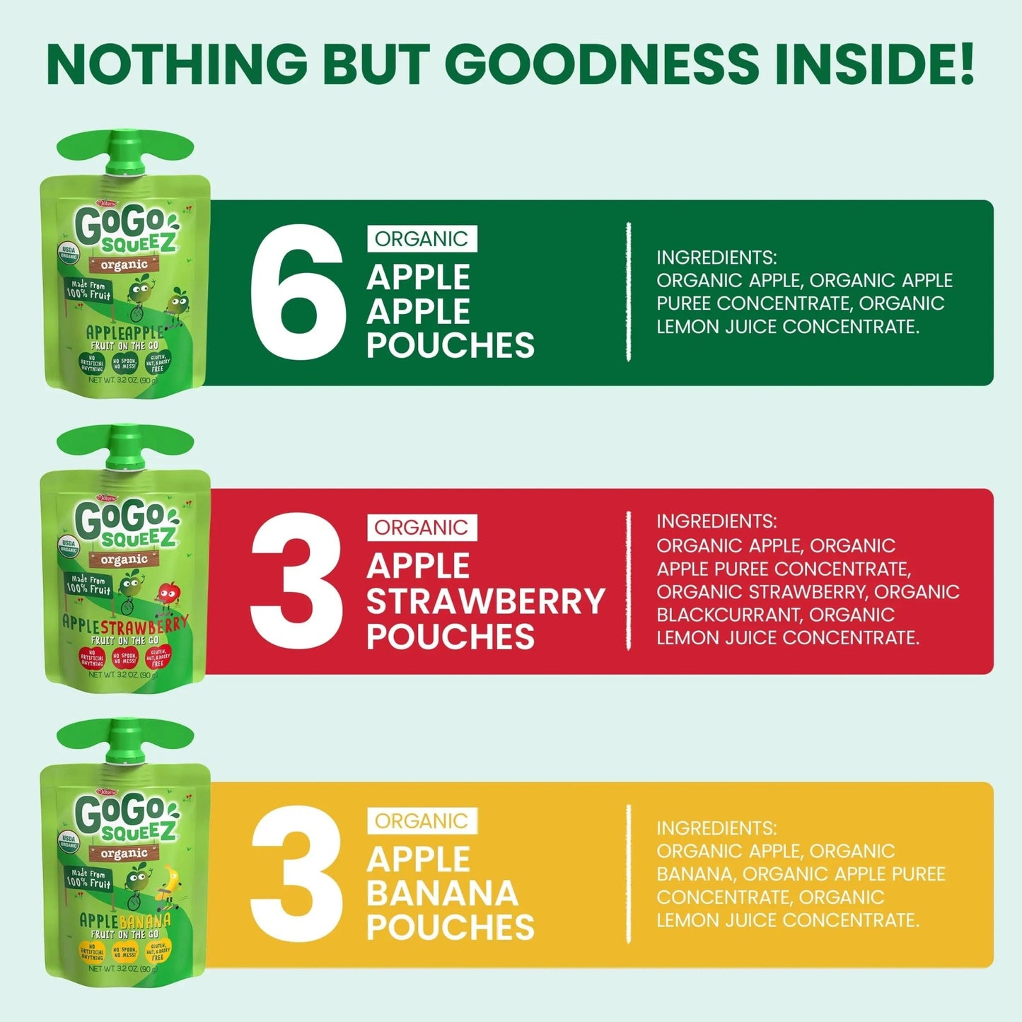 GoGo squeeZ Organic Applesauce and Fruit Puree, Variety Pack, Apple, Strawberry & Banana, 3.2 oz (Pack of 12), Unsweetened Organic Fruit Snacks for Kids, No Gluten, Nut & Dairy, BPA Free Pouches - Fresh Hearth