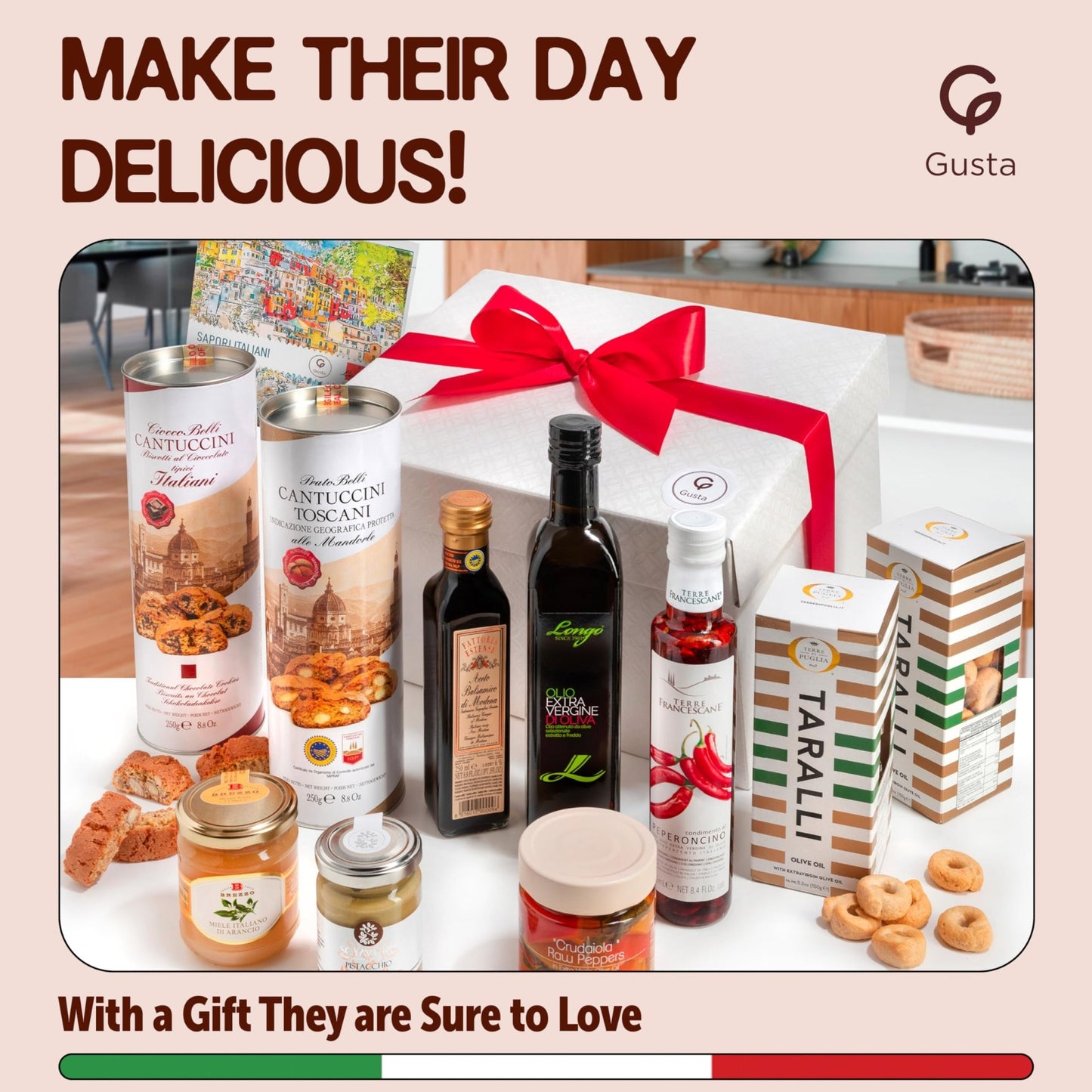 Gusta Italian Gift Basket in Deluxe Packaging - Made in Italy - Holiday Gift for Birthdays, Families, Clients, Parties, Housewarming, Client Thank You & Sympathy Gift Baskets - Fresh Hearth