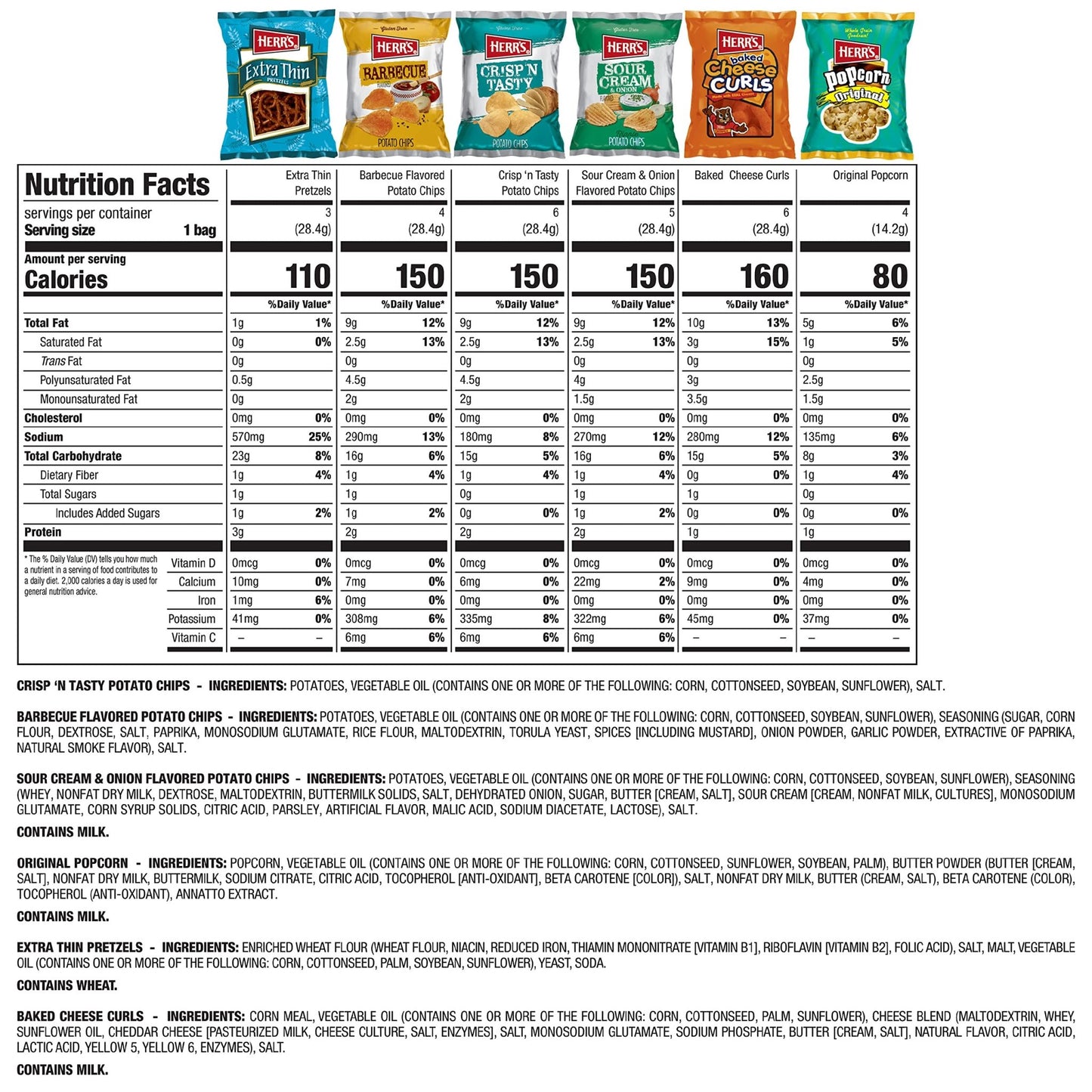 Herr’s Snacks Variety Pack, Potato Chips, Pretzels, Popcorn, Cheese Curls, 26oz Box (28 Bags) - Fresh Hearth