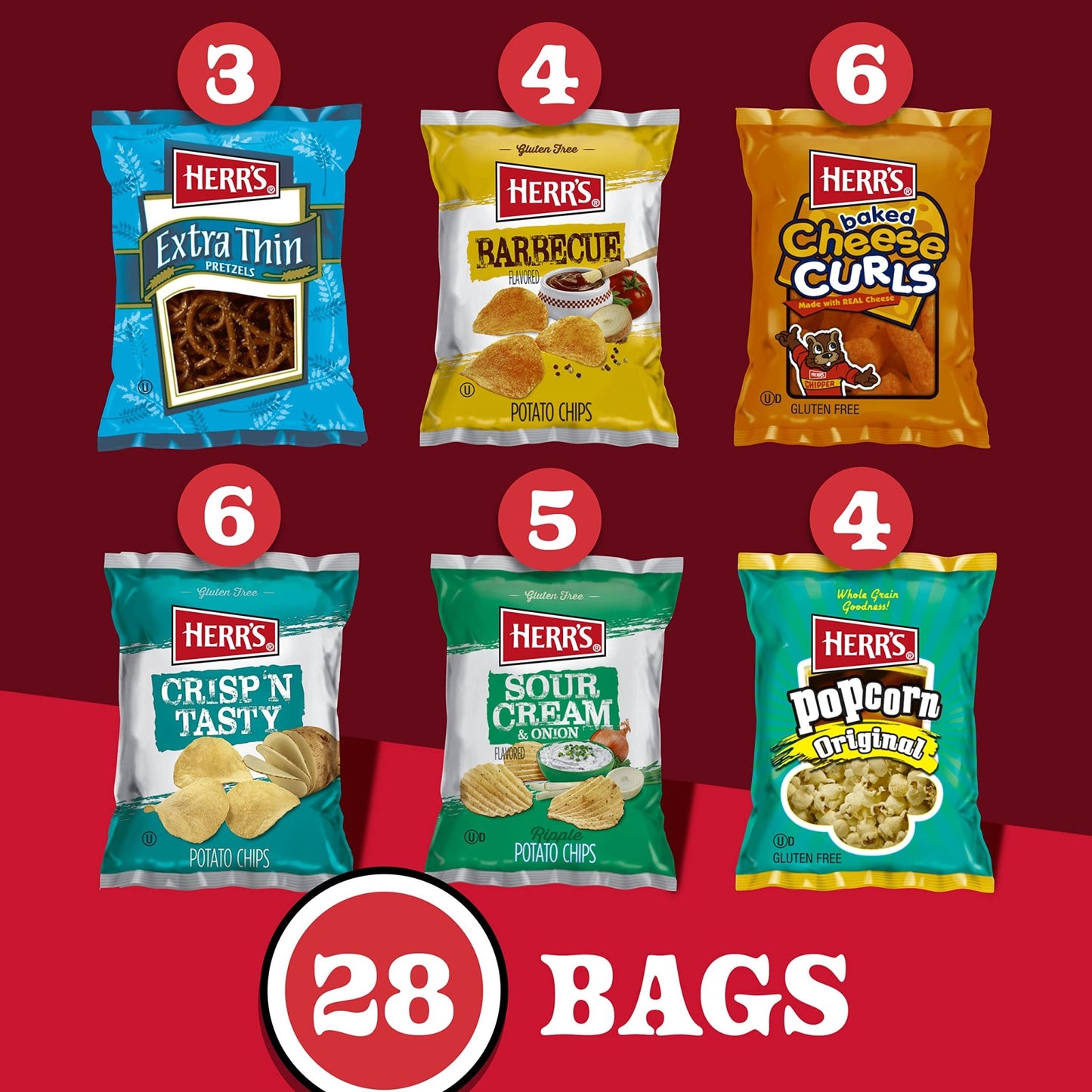 Herr’s Snacks Variety Pack, Potato Chips, Pretzels, Popcorn, Cheese Curls, 26oz Box (28 Bags) - Fresh Hearth