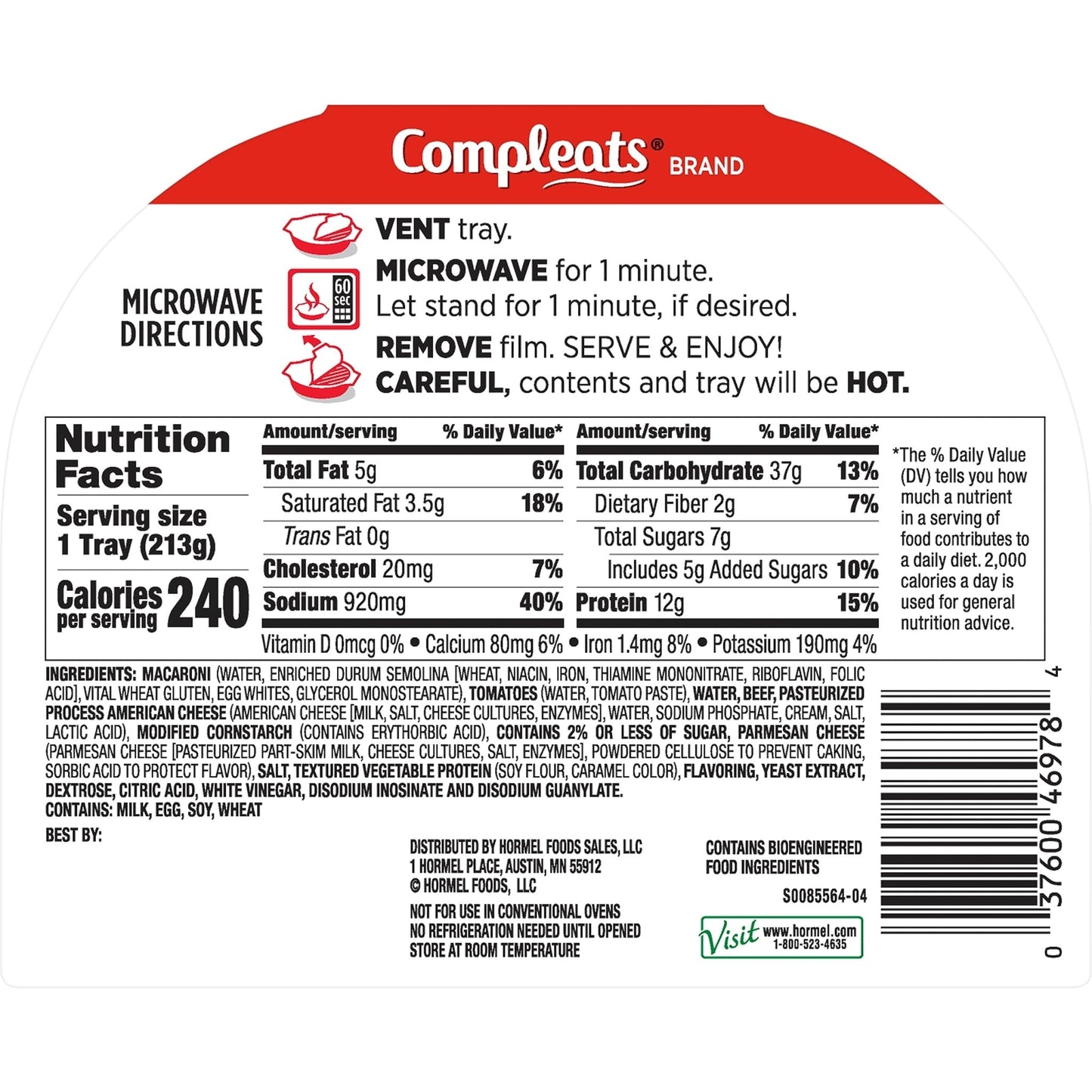 HORMEL COMPLEATS Beefy Mac & Cheese Microwave Tray, 7.5 Ounces (Pack of 7) - Fresh Hearth