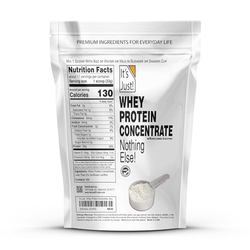 It's Just! - 100% Whey Protein Concentrate, Made in USA, RBST/rBGH Hormone Free, Premium WPC - 80, No Added Flavors or Artificial Sweeteners (1.25 Pound, Unflavored) - Fresh Hearth