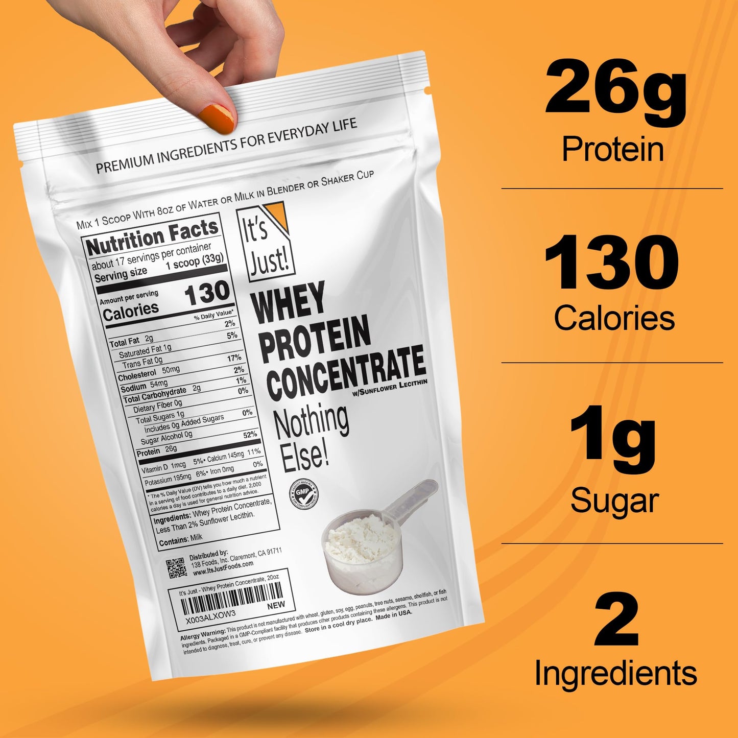 It's Just! - 100% Whey Protein Concentrate, Made in USA, RBST/rBGH Hormone Free, Premium WPC - 80, No Added Flavors or Artificial Sweeteners (1.25 Pound, Unflavored) - Fresh Hearth