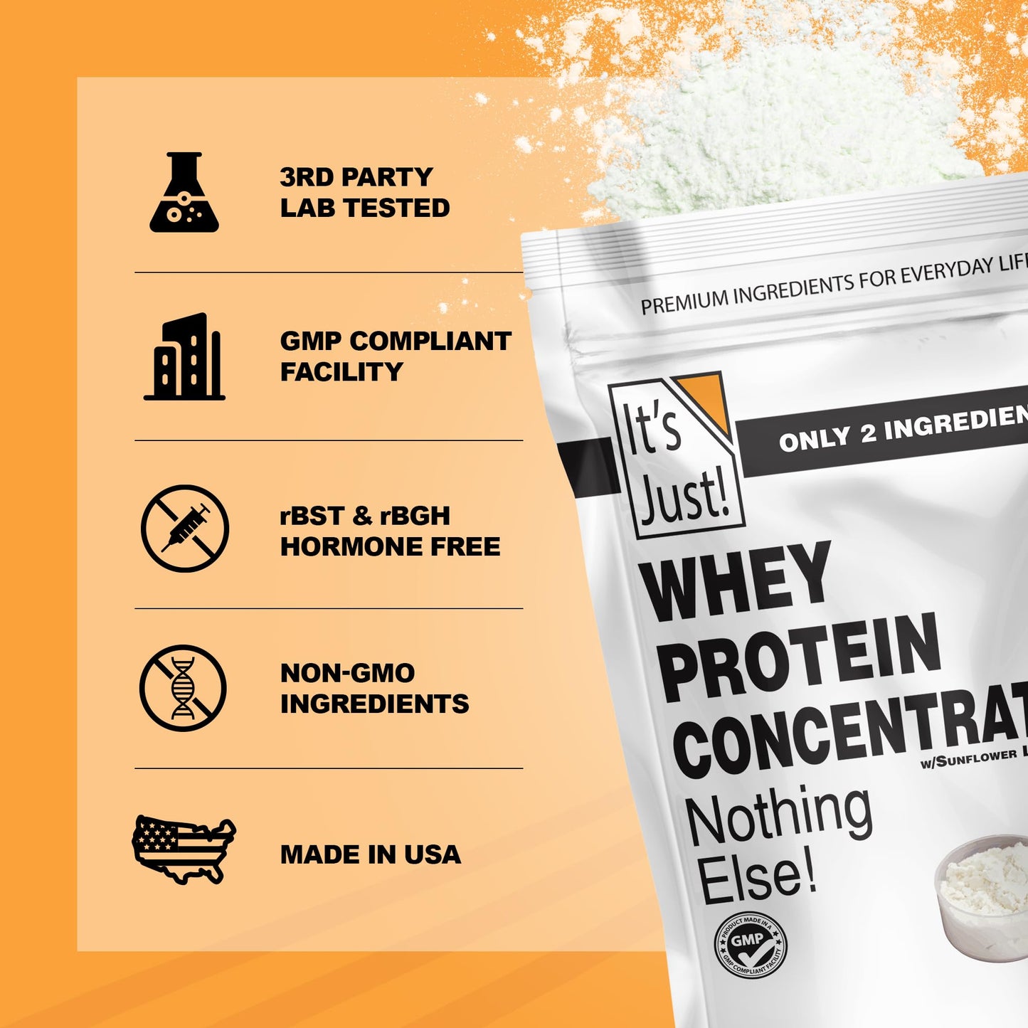 It's Just! - 100% Whey Protein Concentrate, Made in USA, RBST/rBGH Hormone Free, Premium WPC - 80, No Added Flavors or Artificial Sweeteners (1.25 Pound, Unflavored) - Fresh Hearth