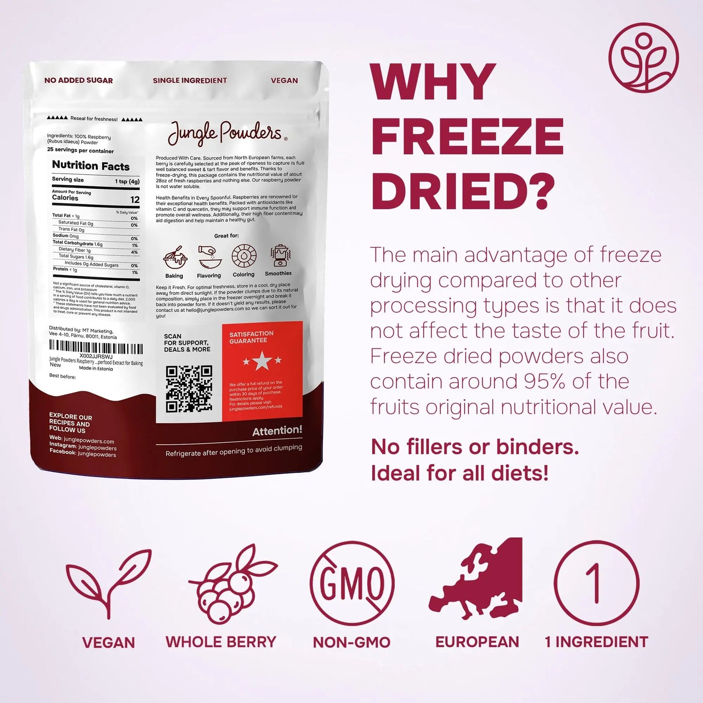 Jungle Powders Raspberry Powder 3.5 Ounce Bag, Food Grade Powdered Unsweetened Freeze Dried Raspberries, Additive, Filler Free Red Superfood Extract for Baking Cooking Flavoring Rasberries Smoothies - Fresh Hearth