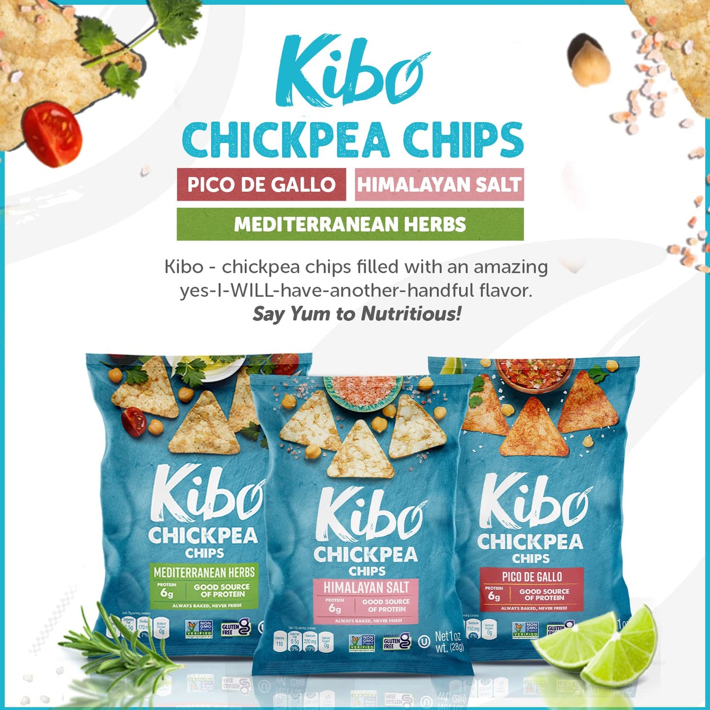 Kibo Chickpea Chips 3 Flavor Variety Pack - High Protein - Fiber, Plant - Based, Gluten - Free, Non - GMO, Vegan, Made with Real Veggies - 1 oz, 12 Pack - Fresh Hearth