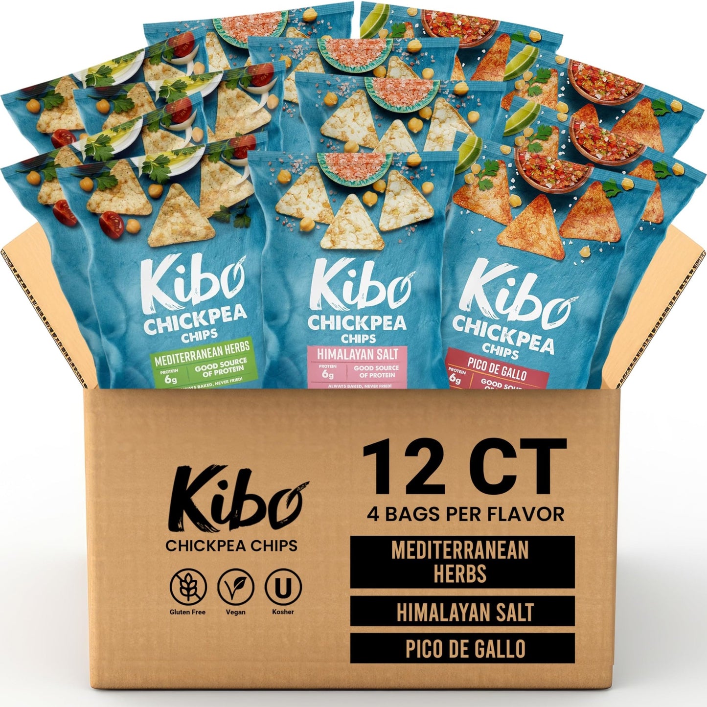 Kibo Chickpea Chips 3 Flavor Variety Pack - High Protein - Fiber, Plant - Based, Gluten - Free, Non - GMO, Vegan, Made with Real Veggies - 1 oz, 12 Pack - Fresh Hearth