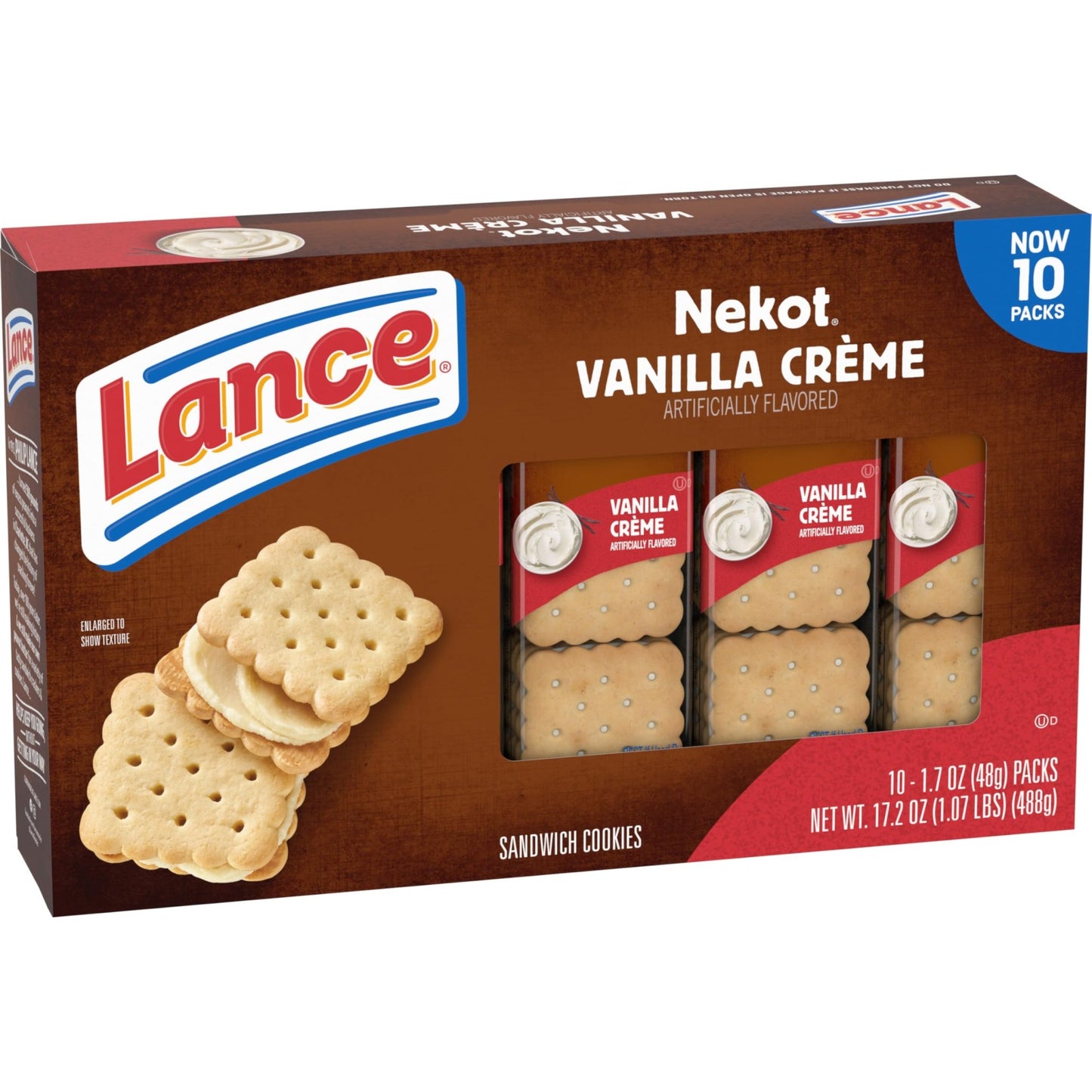Lance Sandwich Cookies, Nekot Vanilla Creme, 10 Individually Wrapped Packs, 6 Sandwiches Each - Fresh Hearth