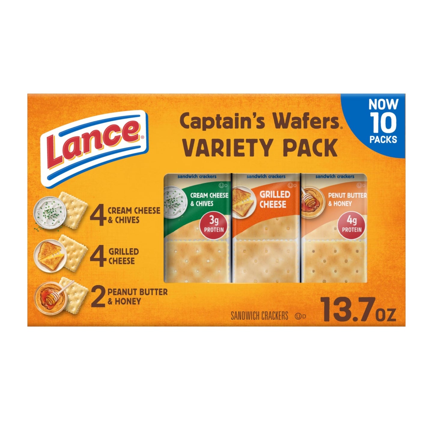 Lance Sandwich Crackers, Captain's Wafers, Variety Pack, 10 Individual Packs, 6 Sandwiches Each - Fresh Hearth