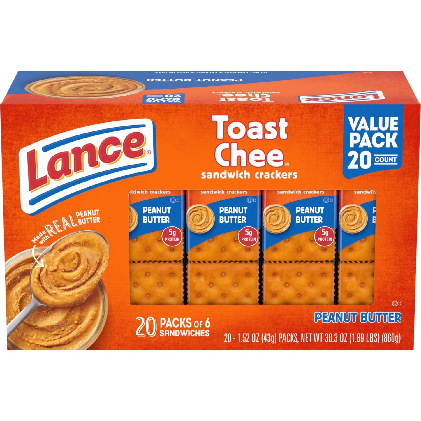 Lance Sandwich Crackers, ToastChee Peanut Butter, 20 Individually Wrapped Packs, 6 Sandwiches Each - Fresh Hearth