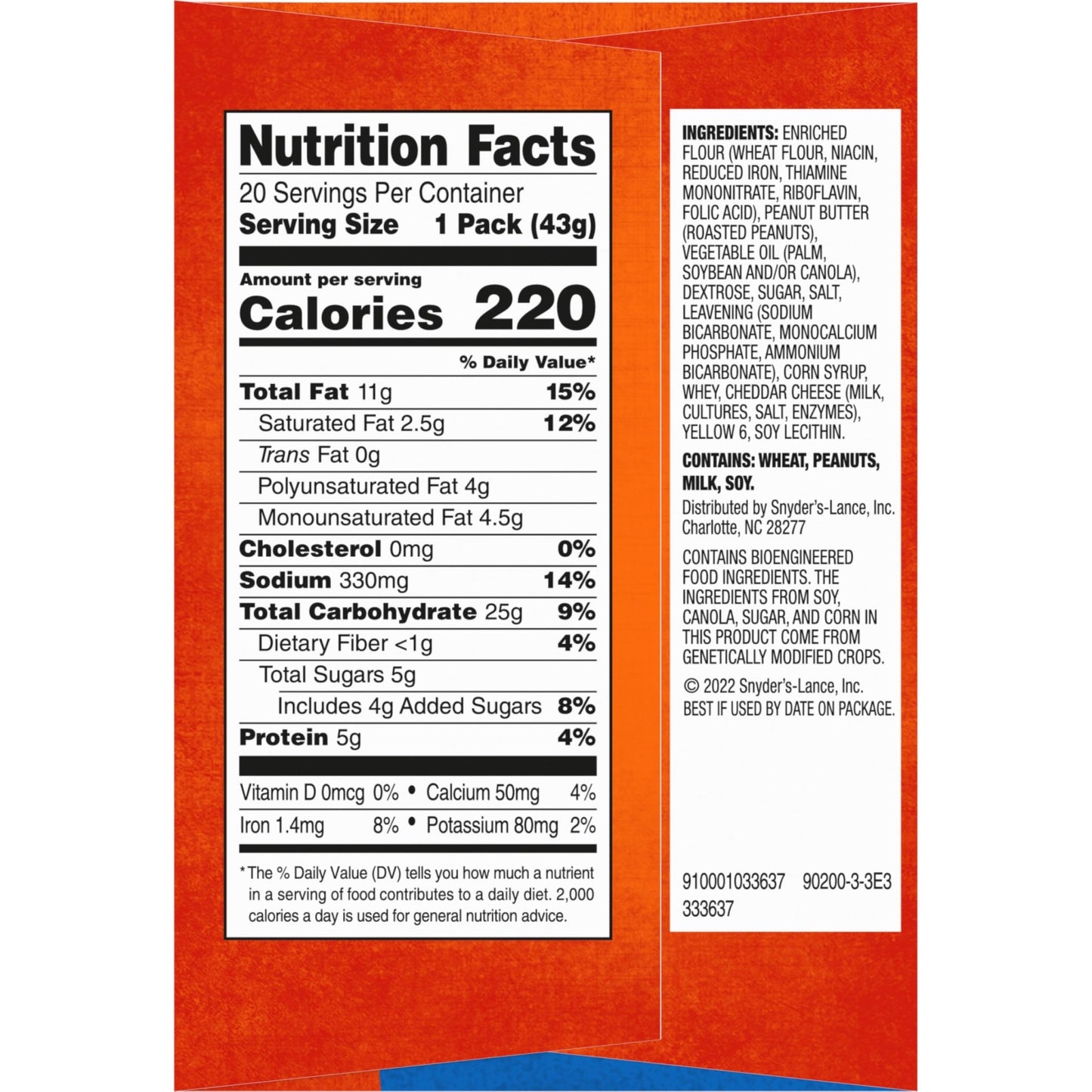 Lance Sandwich Crackers, ToastChee Peanut Butter, 20 Individually Wrapped Packs, 6 Sandwiches Each - Fresh Hearth