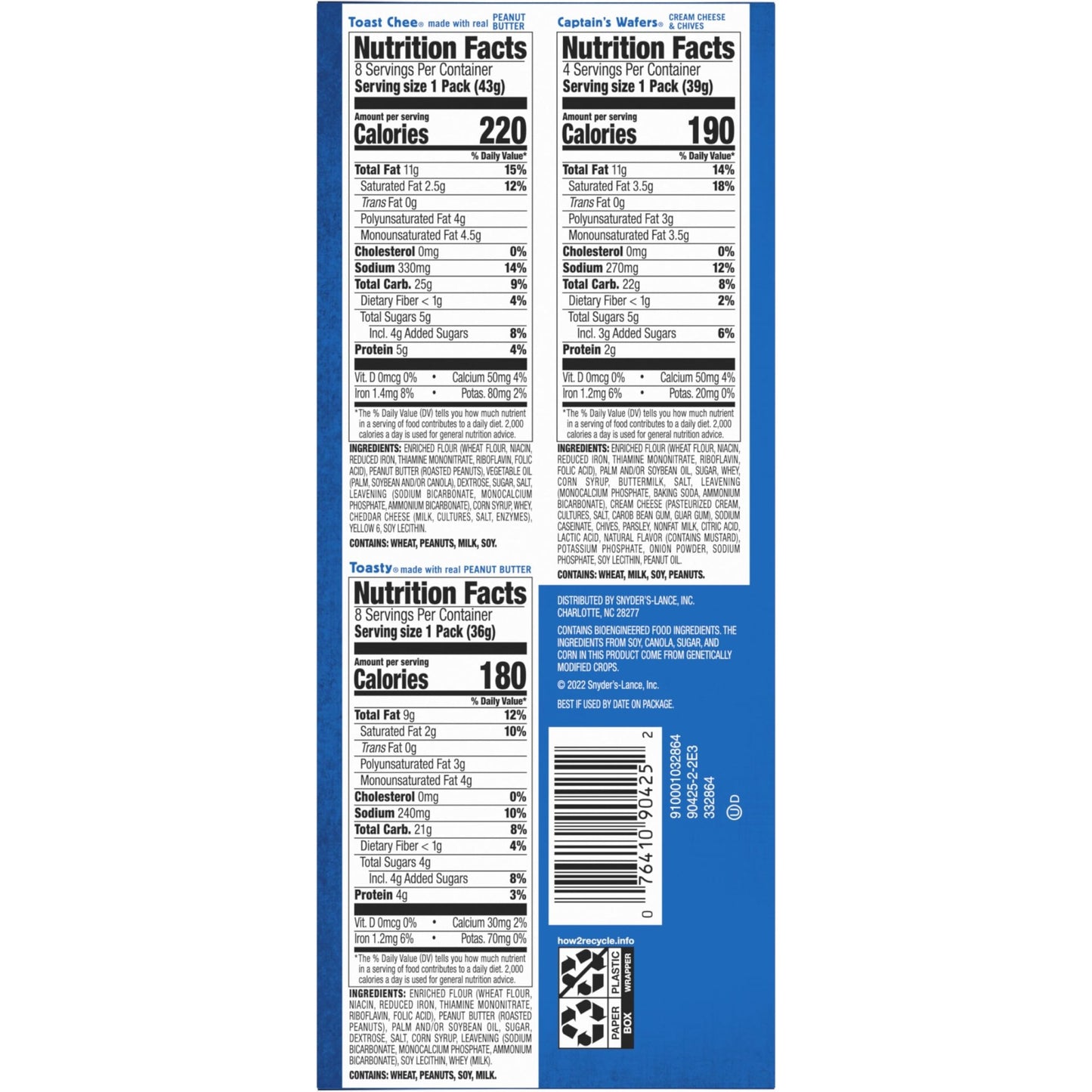 Lance Sandwich Crackers, Variety Pack, 3 Flavors, 20 Individually Wrapped Packs, 6 Sandwiches Each - Fresh Hearth
