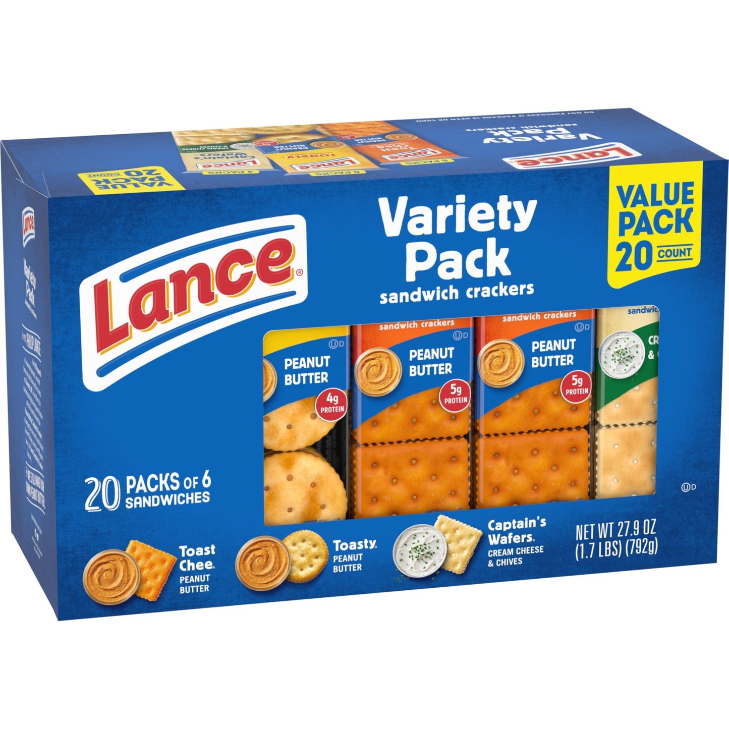 Lance Sandwich Crackers, Variety Pack, 3 Flavors, 20 Individually Wrapped Packs, 6 Sandwiches Each - Fresh Hearth