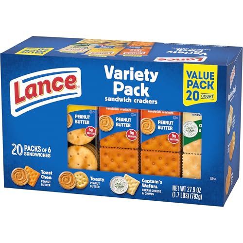 Lance Sandwich Crackers, Variety Pack, 3 Flavors, 20 Individually Wrapped Packs, 6 Sandwiches Each - Fresh Hearth
