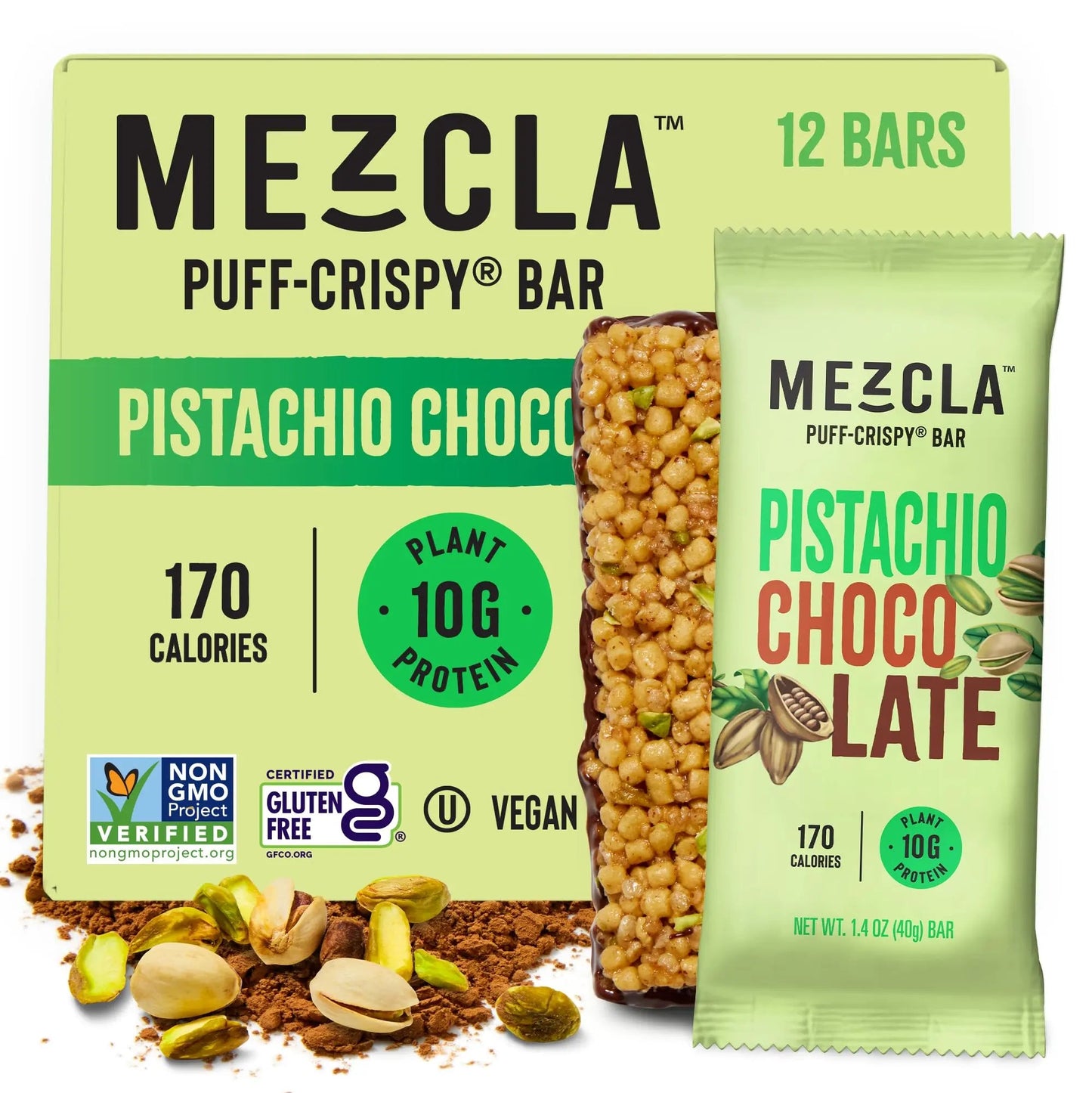 Mezcla Puff Crispy Protein Bars, Gluten Free & Vegan Protein Bars, 10g Protein, Alt for Pistachio Dubai Chocolate Bar, Granola Bars & Breakfast Bars, Healthy Snacks for Adults, Pistachio Chocolate, 12 Pack Mezcla