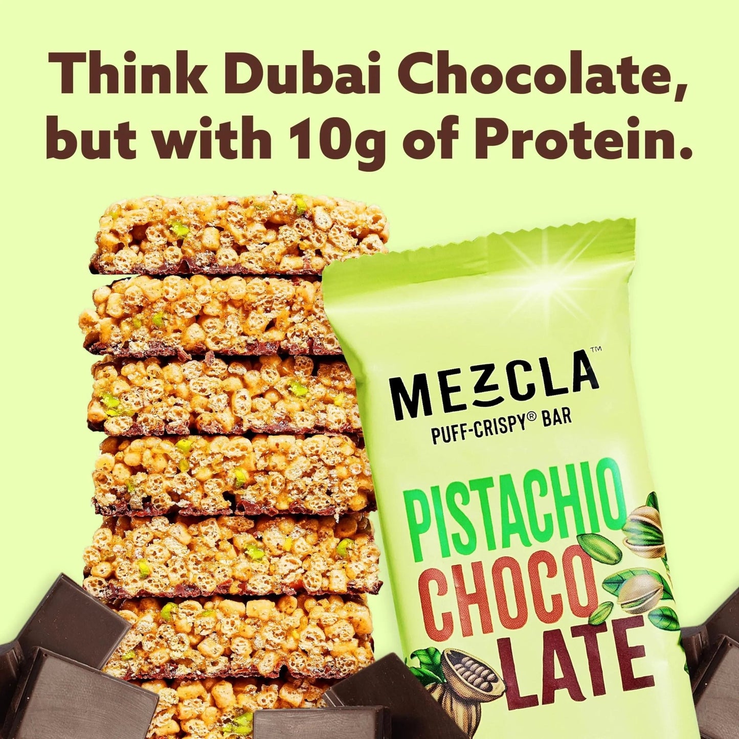 Mezcla Puff Mix Crispy Protein Bars, Gluten Free & Vegan Protein Bars, 10g Protein, Alt for Pistachio Dubai Chocolate Bar, Granola Bars & Breakfast Bars, Healthy Snacks for Adults, Pistachio Chocolate, 12 Pack - Fresh Hearth